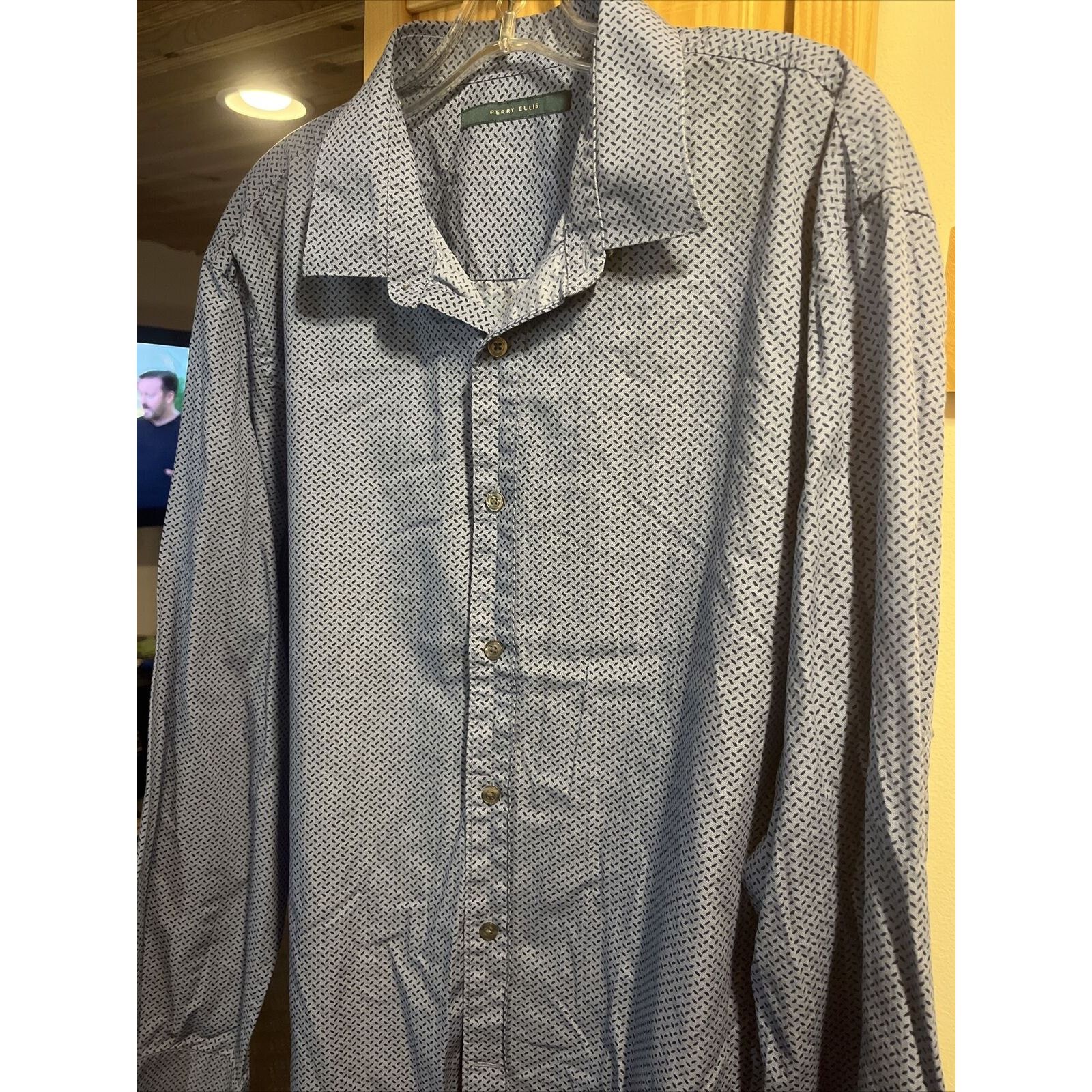 Perry Ellis Perry Ellis Men’s XXL Blue Geometric LS Button Cotton Shirt Size US XXL / EU 58 / 5 - 7 Thumbnail