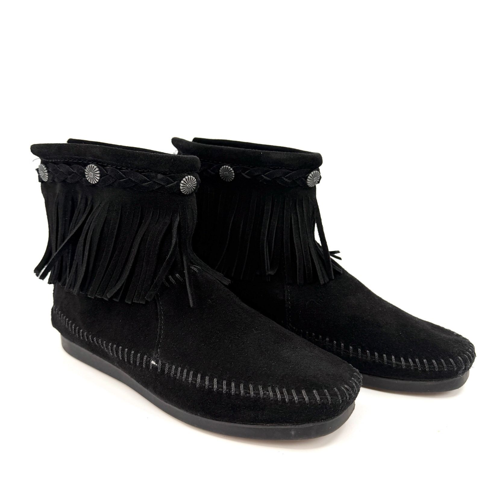 Minnetonka Black Genuine Leather Fringe Back Zip Moccasin Booties Size US 5.5 / IT 35.5 - 1 Thumbnail