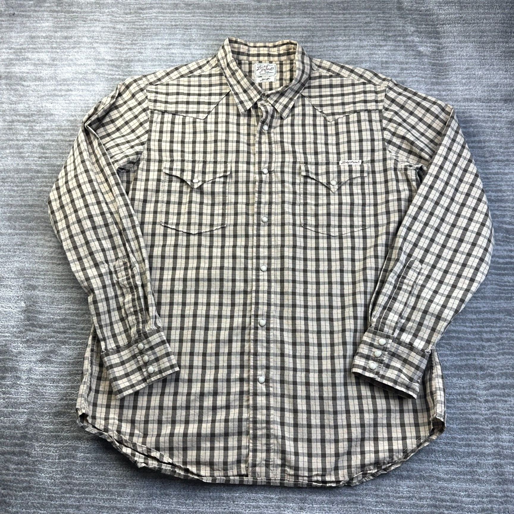 Lucky Brand Lucky Brand Shirt Mens Large Beige Plaid Flannel Button-Up Snap On Western Pockets Size US L / EU 52-54 / 3 - 2 Thumbnail