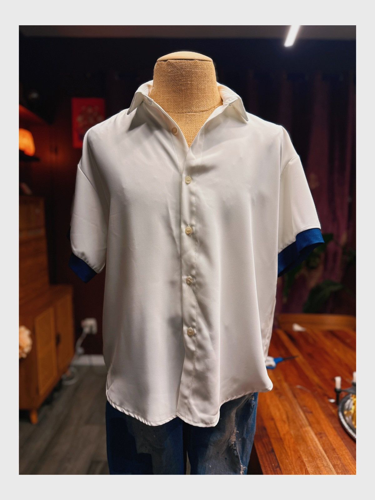 Other Unisex Silky Short Sleeve Button-Up Shirt – White with Navy Size M / US 6-8 / IT 42-44 - 1 Thumbnail