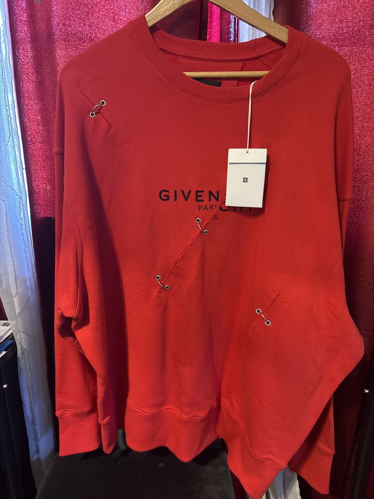 Givenchy GIVENCHY Men's Red Rip Metal Detail Oversized Sweater Size US XL / EU 56 / 4 - 1 Thumbnail