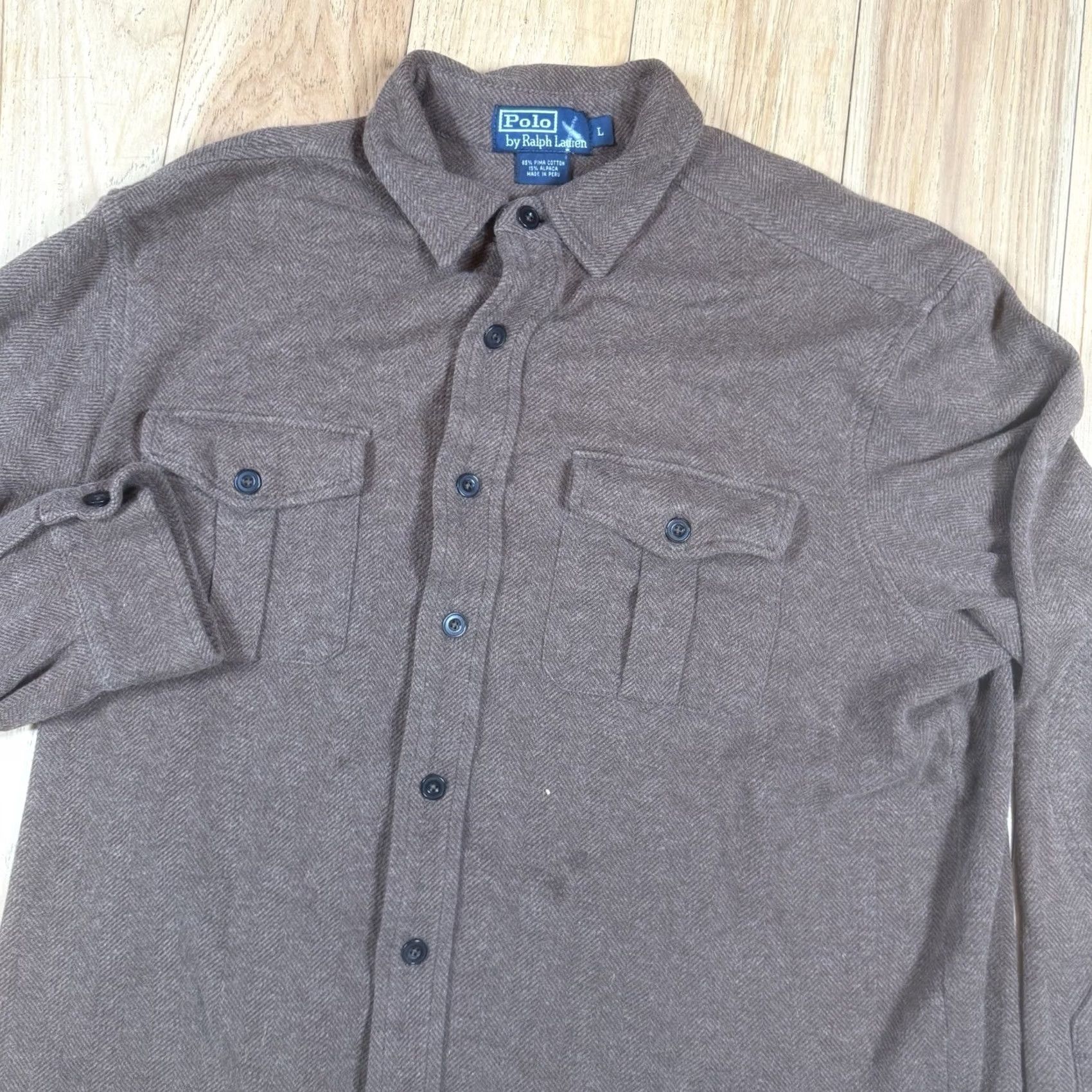 Ralph Lauren VINTAGE Ralph Lauren Polo Shirt Herringbone Brown Alpaca Cotton Mens Large L Button Shirt Size US L / EU 52-54 / 3 - 3 Thumbnail