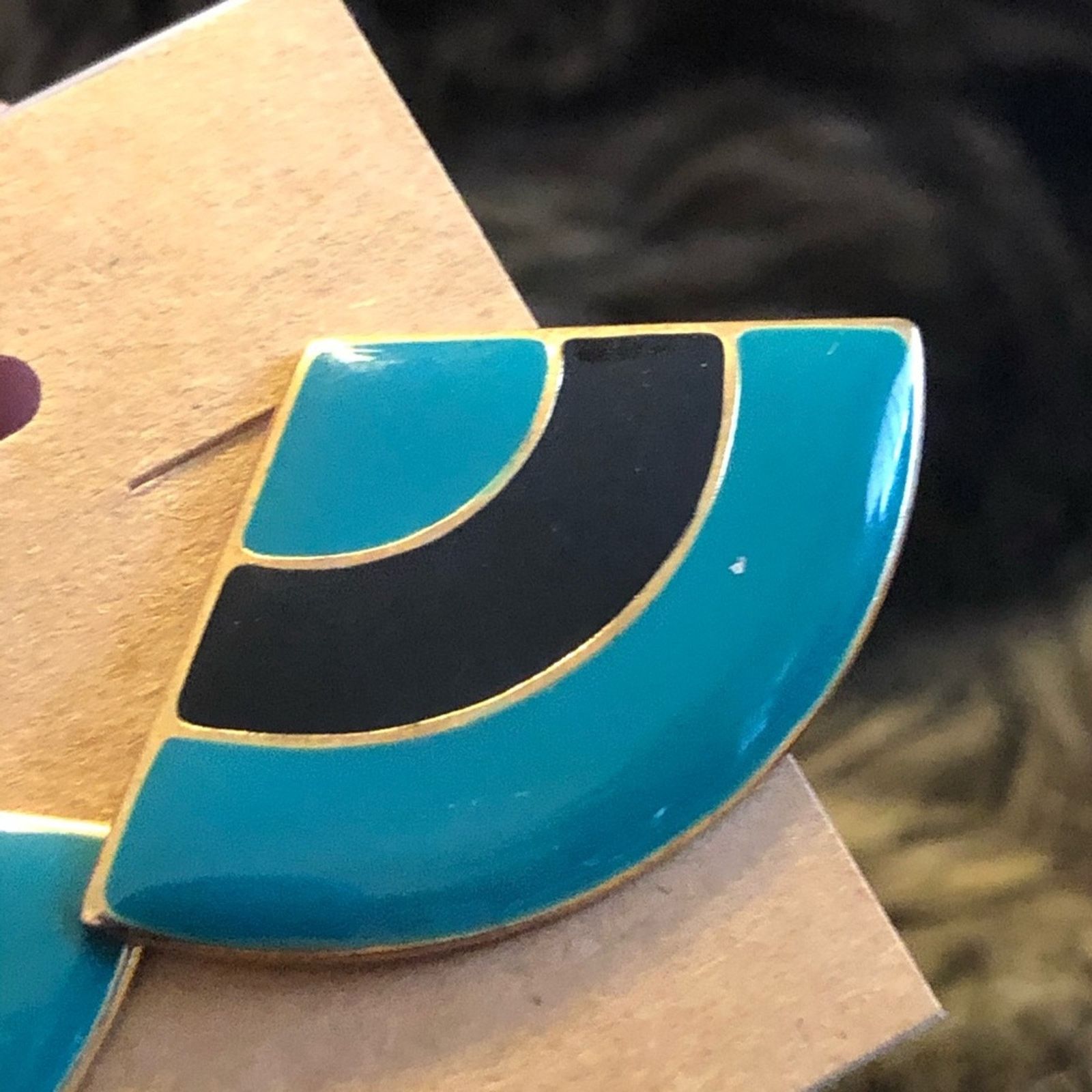 Vintage Vintage 80s teal & black enamel fan shape earrings Size ONE SIZE - 3 Thumbnail