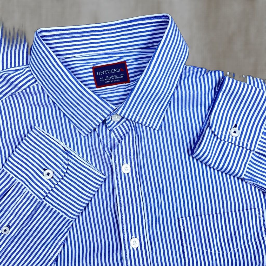UNTUCKit UNTUCKit Shirt Men XL Blue White Striped Button Up Nylon Performance Dress Shirt Size 46R - 1 Thumbnail
