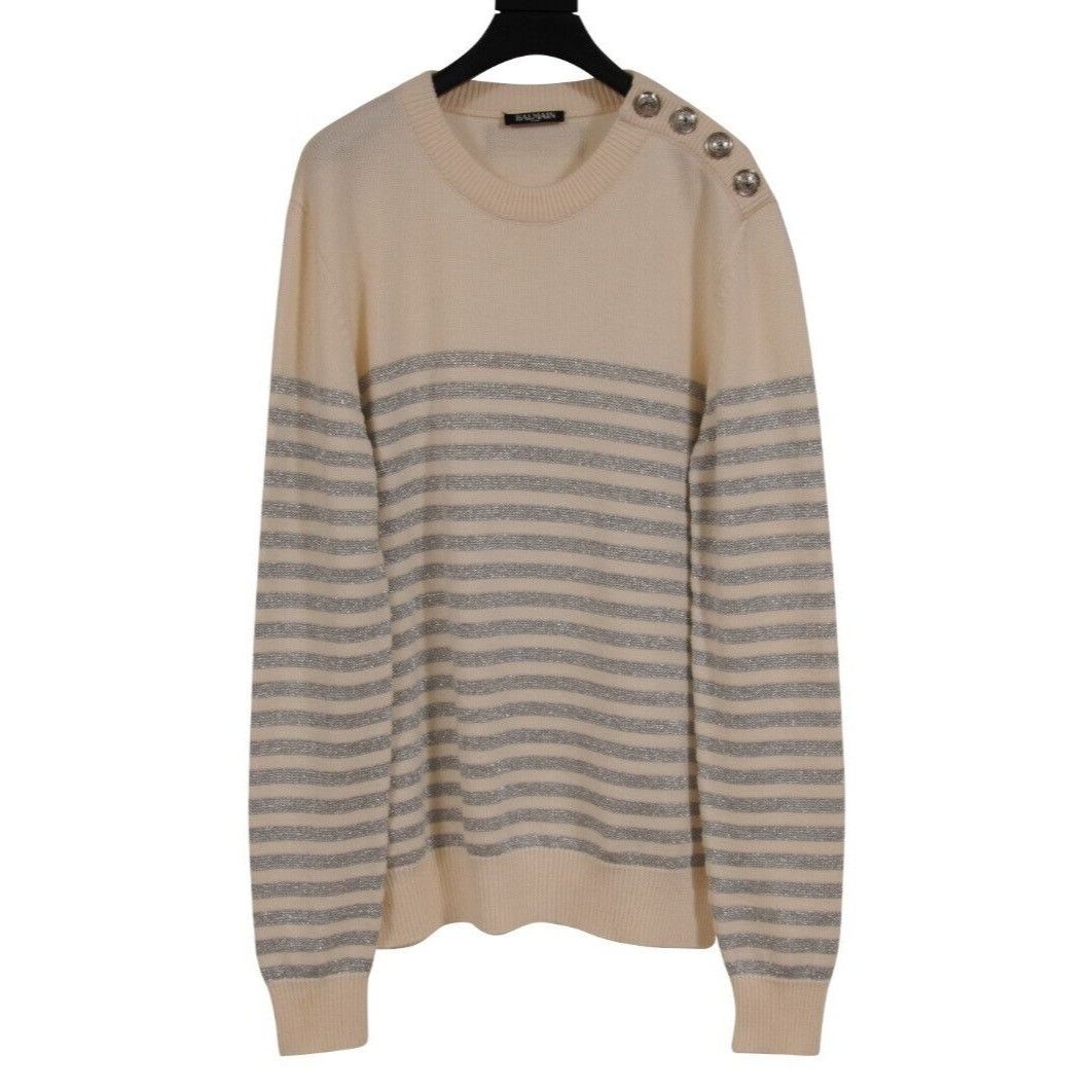 Balmain Glitter Stripped Sweater Cream Silver Wool Size US L / EU 52-54 / 3 - 1 Thumbnail