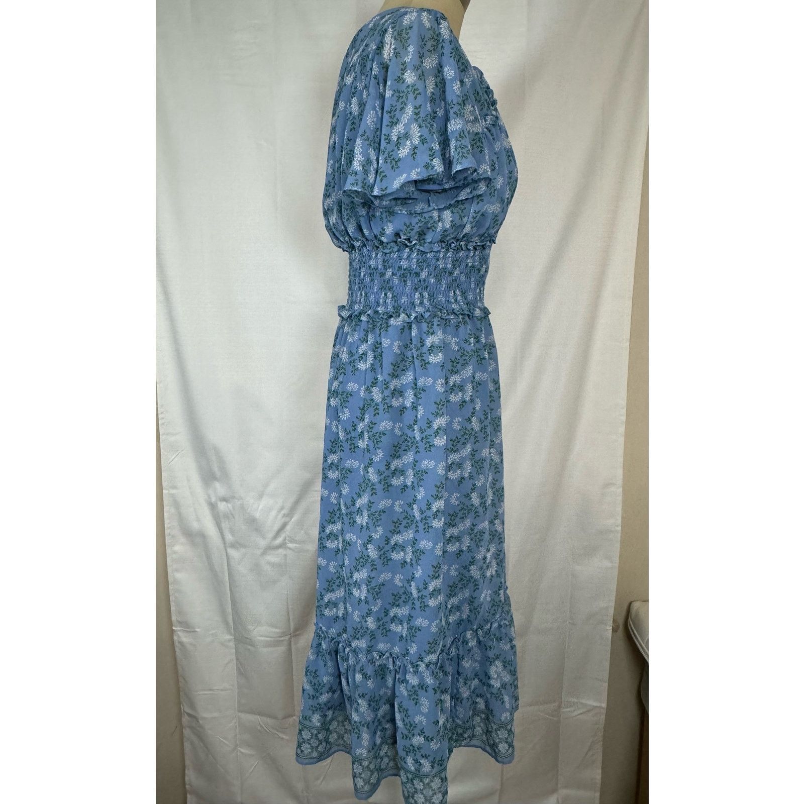 Unknown London Max Studio Floral Midi Short Sleeve Blue Dress V Neck Womens Size M / US 6-8 / IT 42-44 - 4 Thumbnail