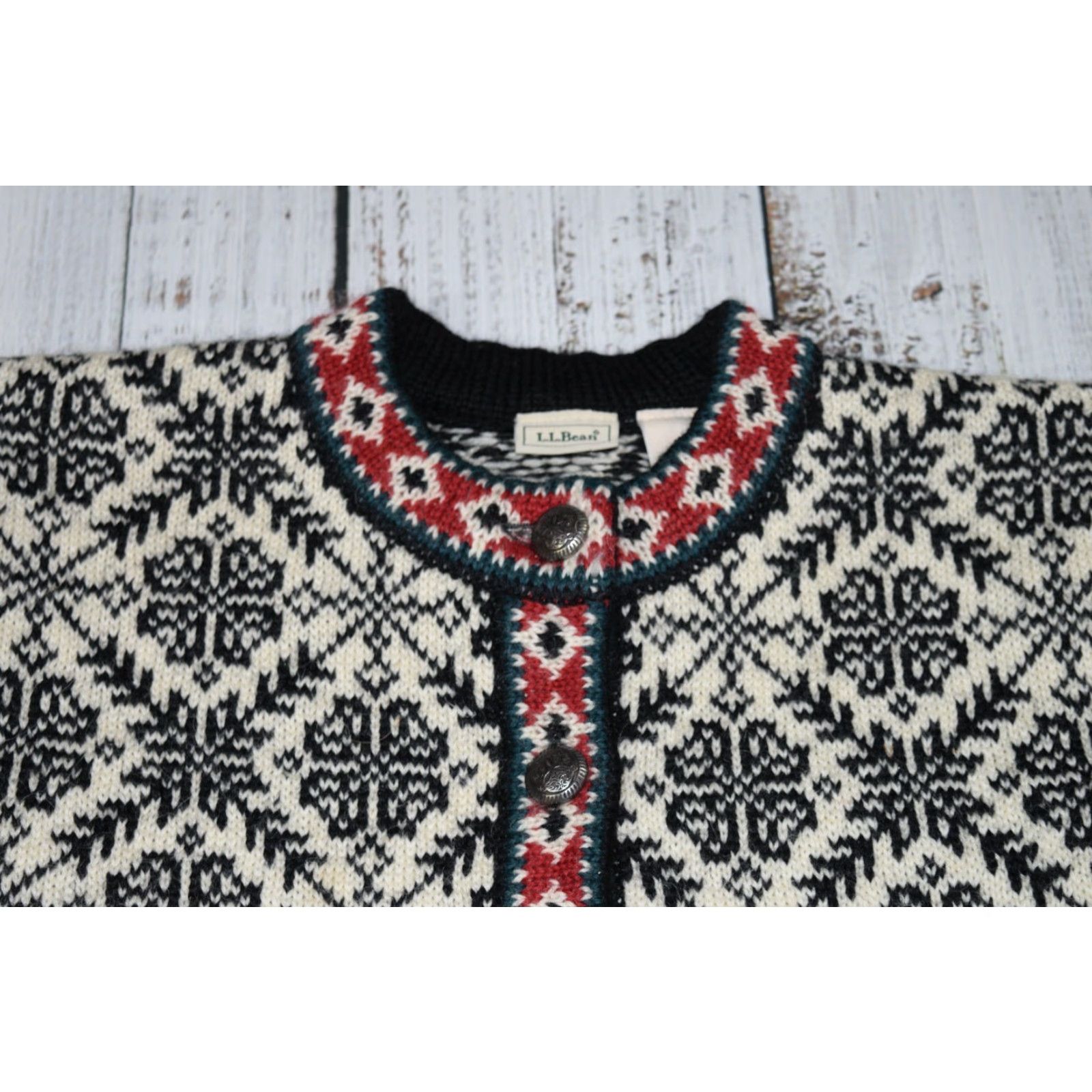 Vintage LL BEAN Cardigan Sweater Medium Ivory Nordic Fair Isle Wool Button Up Style Womens Size M / US 6-8 / IT 42-44 - 4 Thumbnail