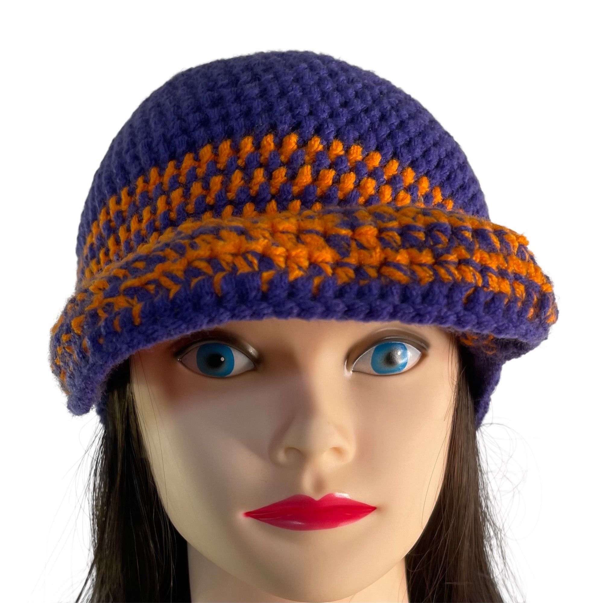 Handmade Crochet Baseball Cap Summer Hat Purple and Orange Adult Size Size ONE SIZE - 6 Thumbnail