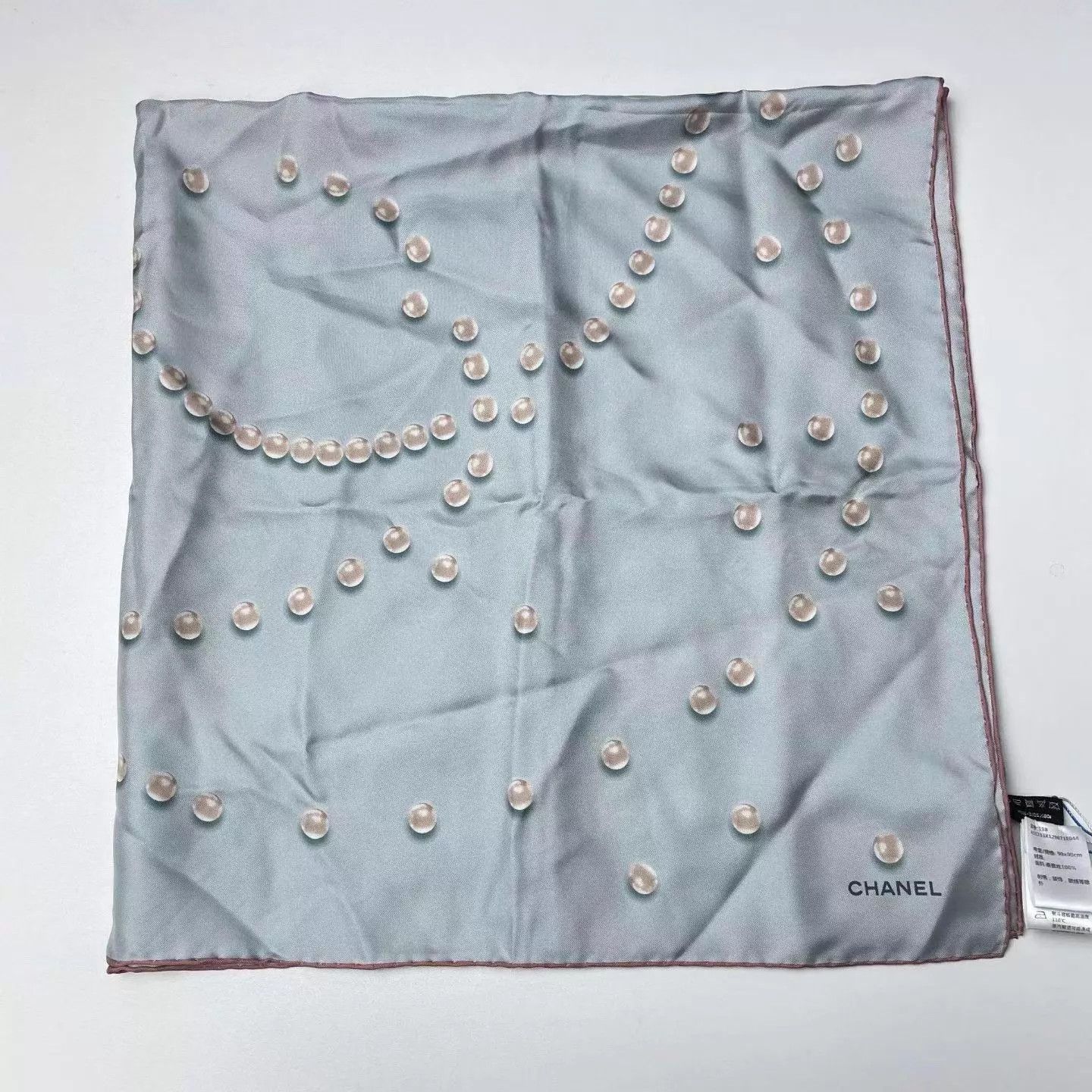 Chanel Chanel 19B Light Blue Pearl Silk Scarf 90x90 Size ONE SIZE - 1 Thumbnail