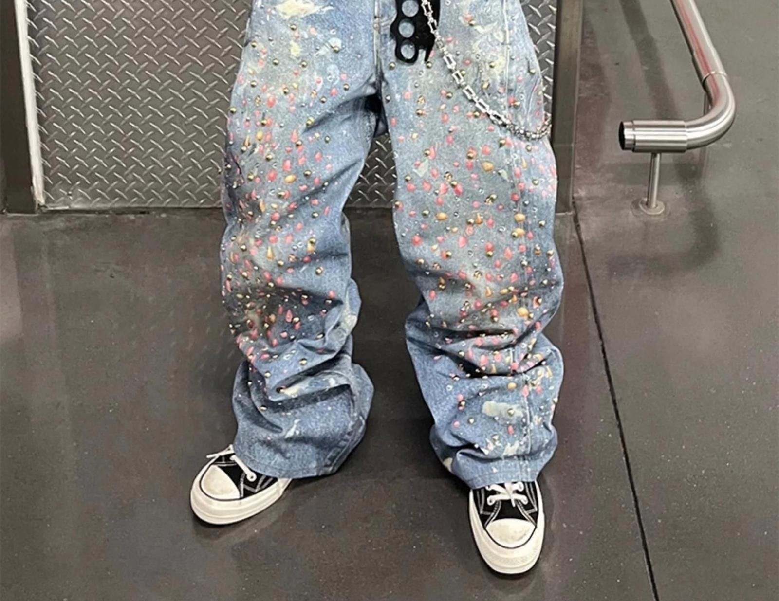 Jean Light Blue Baggy Denim Jeans with Paint Splatter and Studs Size US 32 / EU 48 - 4 Thumbnail