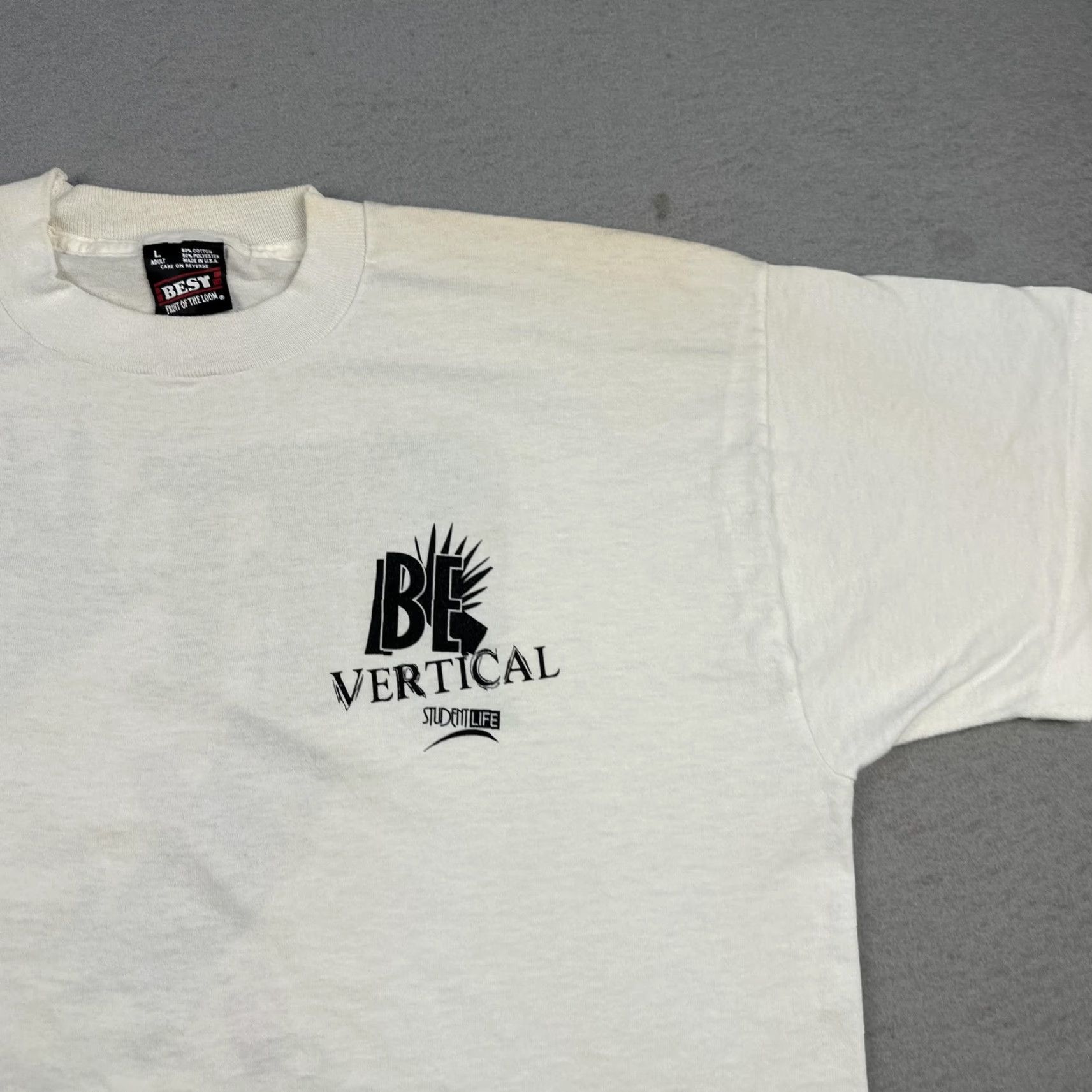 Fruit Of The Loom VINTAGE Be Vertical Graphic Tee Shirt Mens Large White Fruit of the Loom 90s Student Life T-Shirt Size US L / EU 52-54 / 3 - 6 Thumbnail