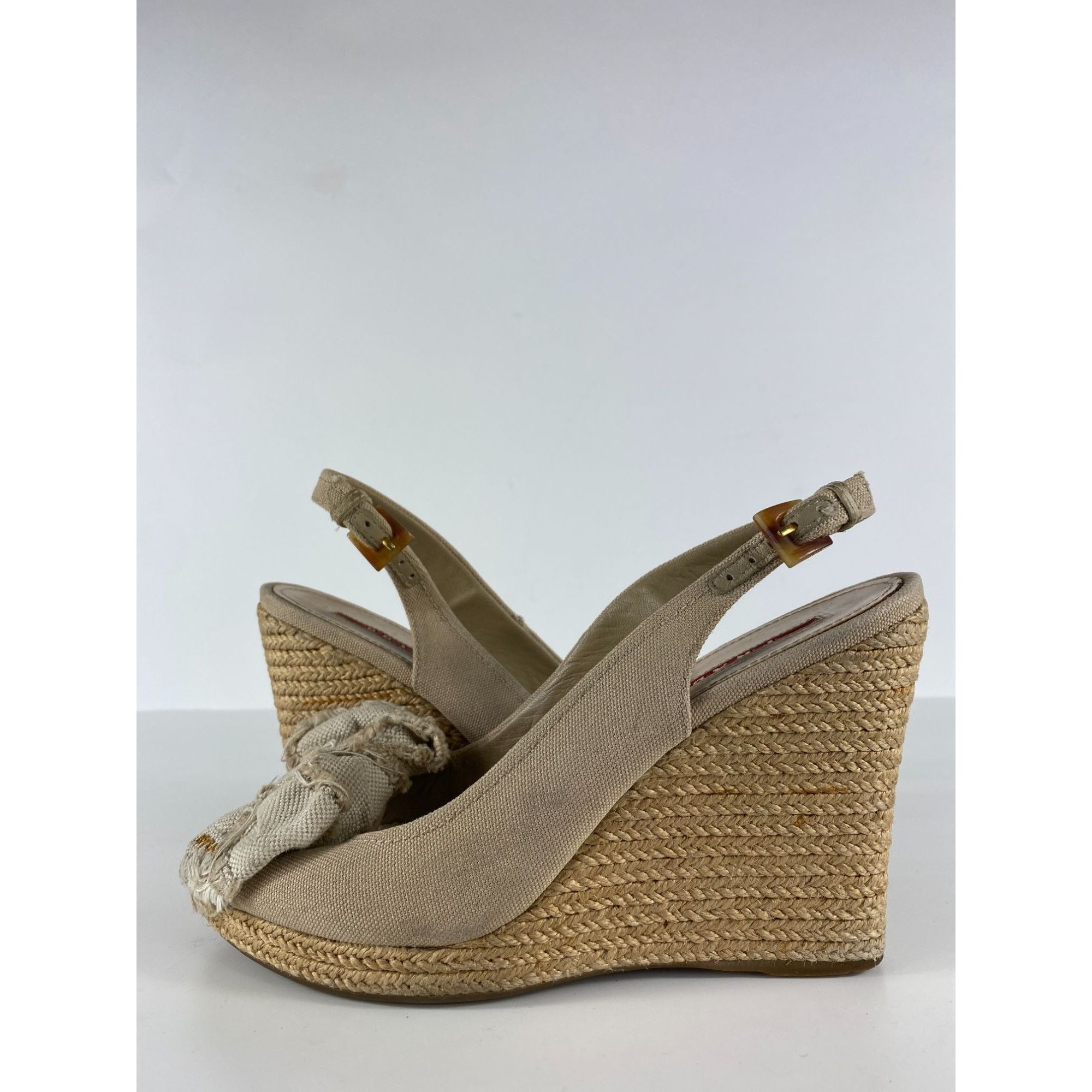 Prada Prada Beige Canvas Bow Peep Toe Espadrille Wedge Sandals Wom