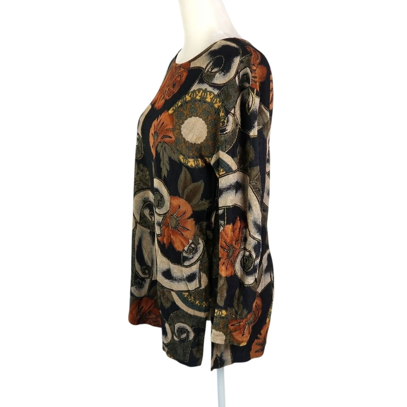 Vintage VINTAGE Superline Floral Jersey Tee Long Sleeve Tunic Womens 90s Bohemian Black Orange Size L / US 10 / IT 46 - 3 Thumbnail