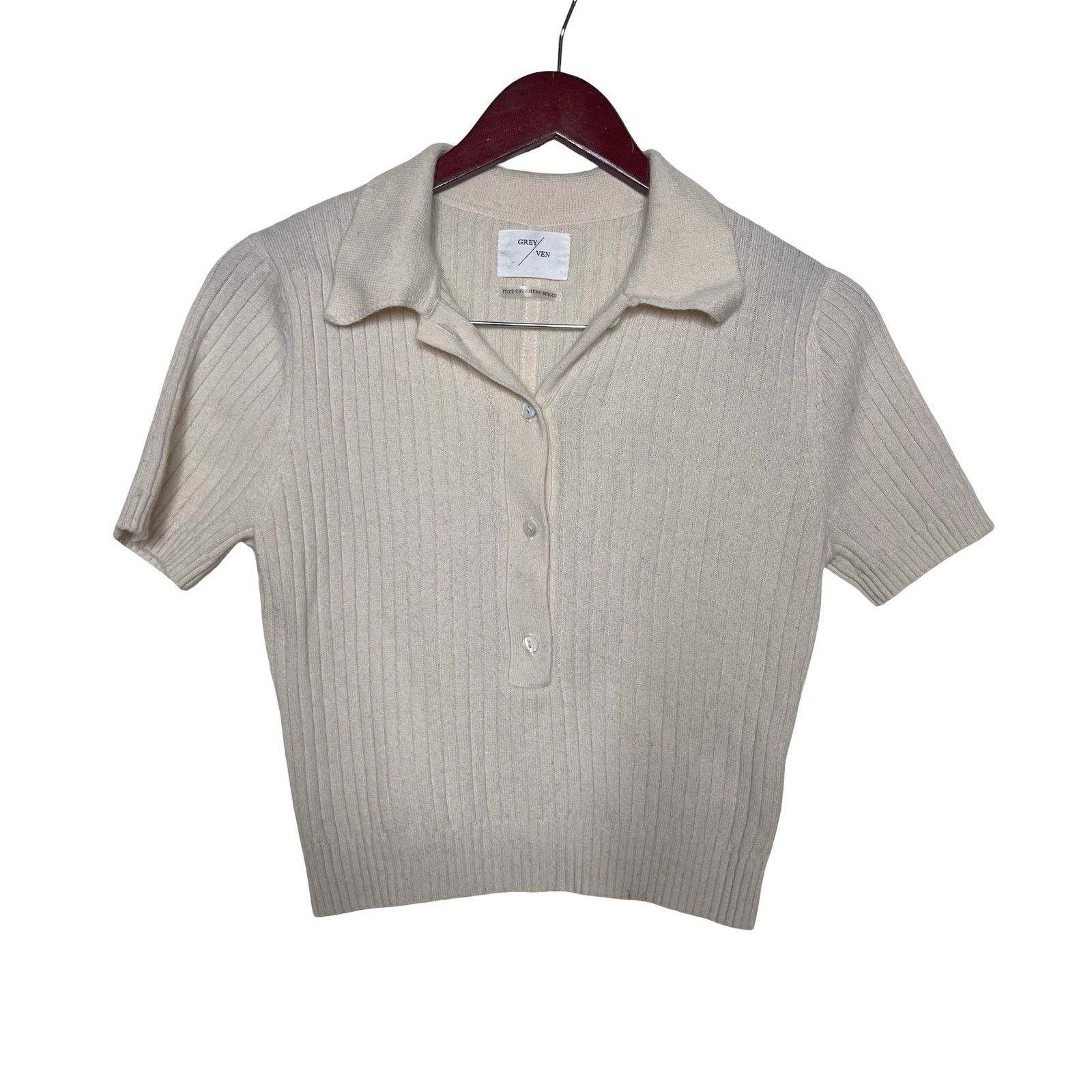 Other Grey Ven Emma Ribbed Polo Top Wool Cashmere in Cream Sz M Size M / US 6-8 / IT 42-44 - 4 Thumbnail