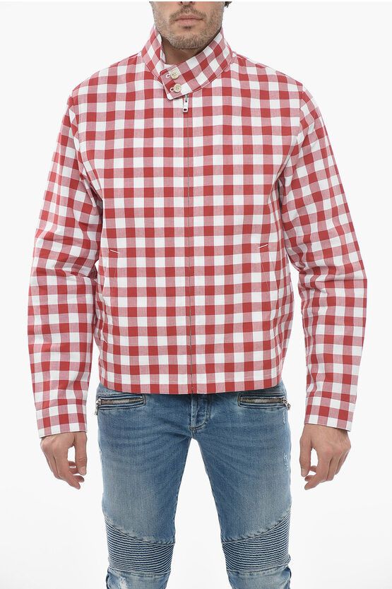image of Prada Gingham Cotton Overshirt With Front Zip in Red, Men's (Size Medium)