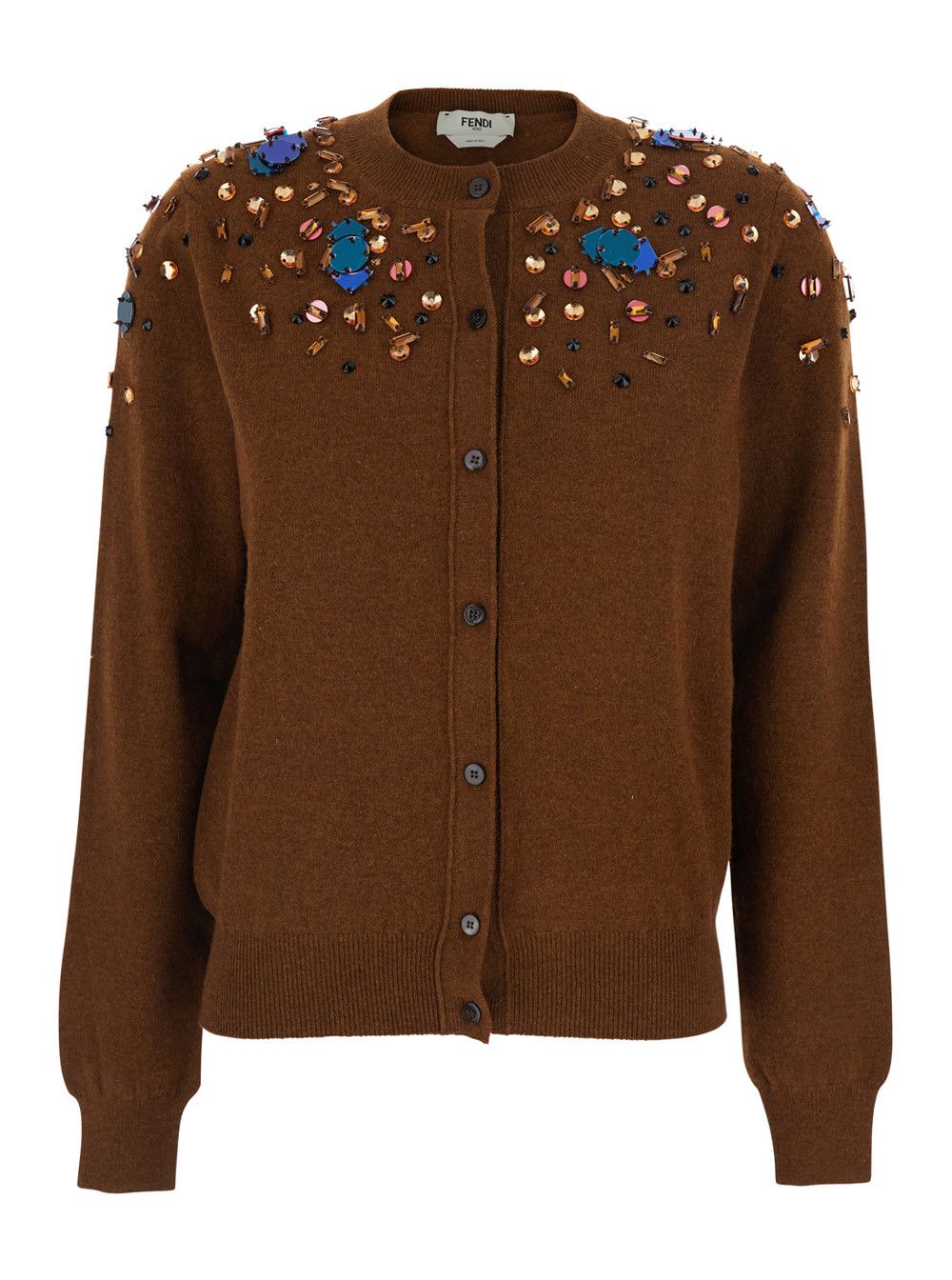 Fendi Brown Crewneck Cardigan with Rhinestone Embroidery in Wool and Cashmere Woman Size M / US 6-8 / IT 42-44 - 1 Thumbnail