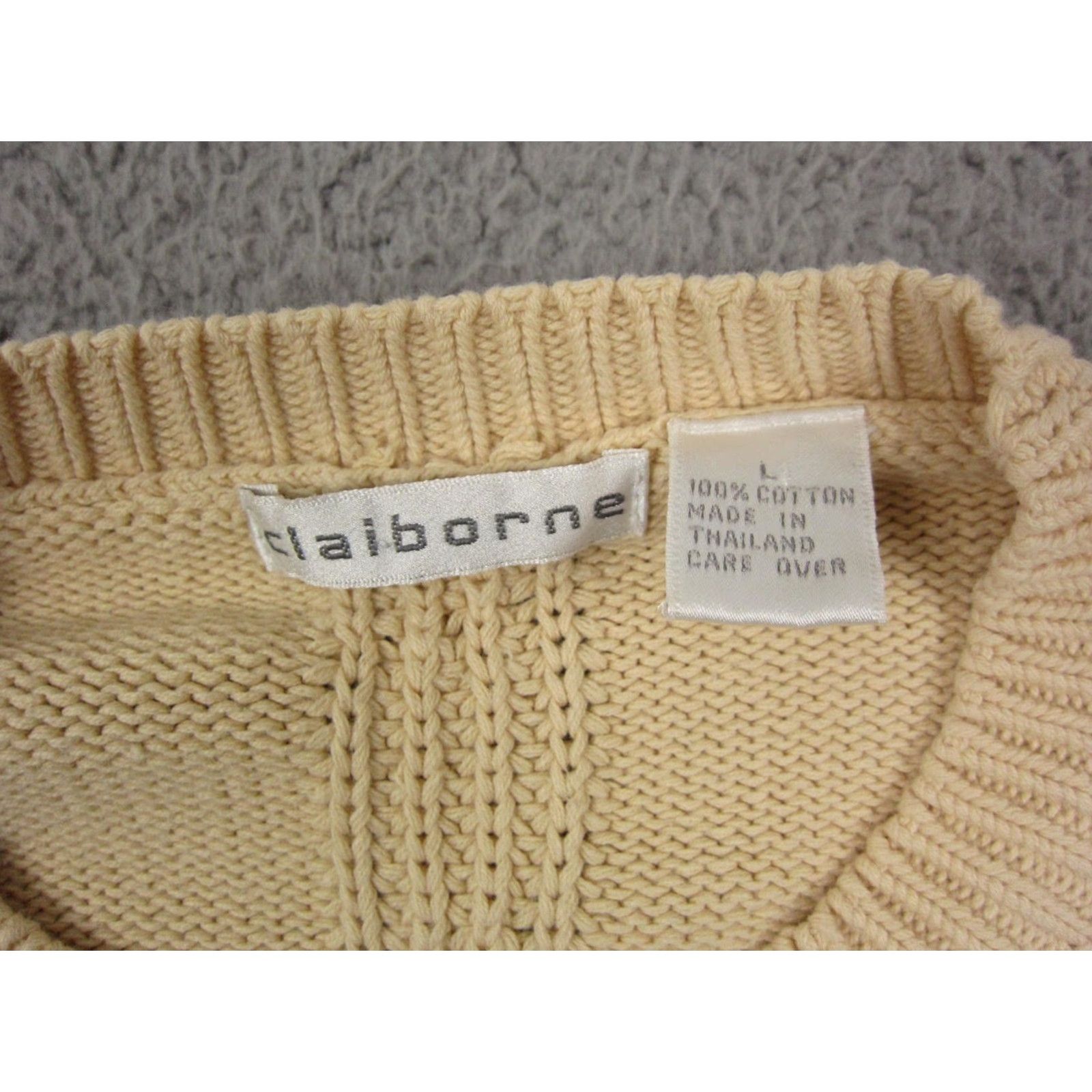 Liz Claiborne VINTAGE Claiborne Sweater Mens L Crew Neck Ivory Cotton Cable-Knit Long Sleeve Pullover Casual Classic Fall Winter Size US L / EU 52-54 / 3 - 4 Thumbnail