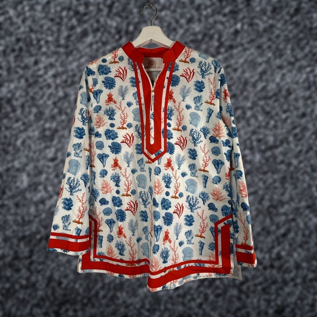 Vintage Nico Blu Womens Long Sleeve Caftan Tunic Top PL Coral & Sea Print 100% Cotton Size L / US 10 / IT 46 - 1 Thumbnail