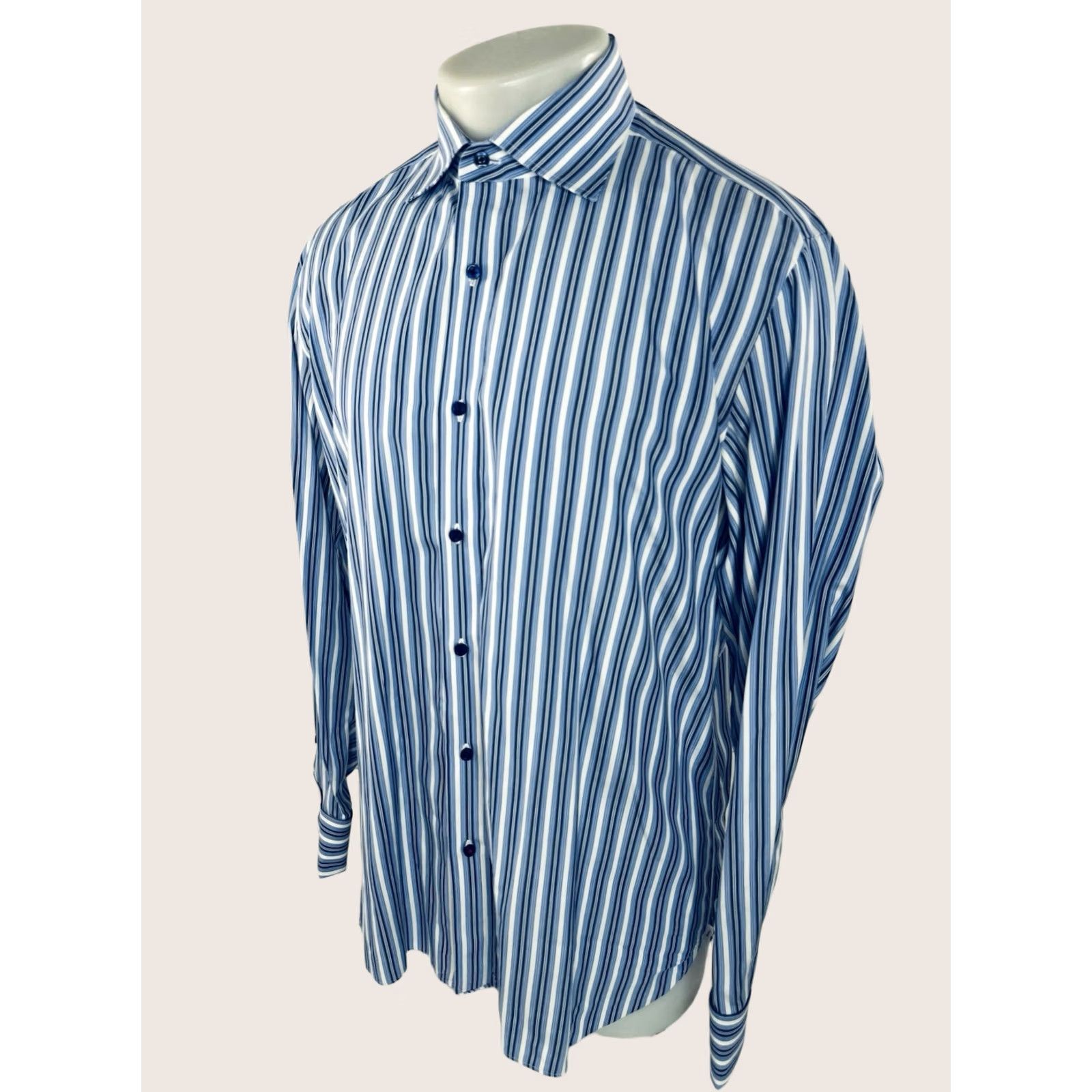 Isaia ISAIA Striped French Cuff Mens 16 / 41 Shirt Dress Shirt EXCELLENT Blue / White 41 16 V1 Mens Size US L / EU 52-54 / 3 - 1 Thumbnail