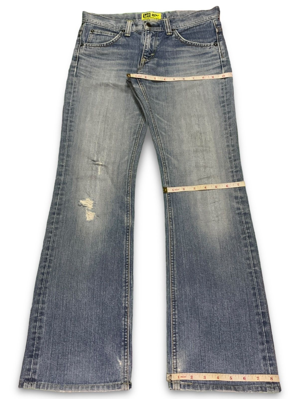 Lee Vintage Japanese Lee Riders Blue Wash Distressed Flare Jeans Size 32" / US 10 / IT 46 - 13 Thumbnail