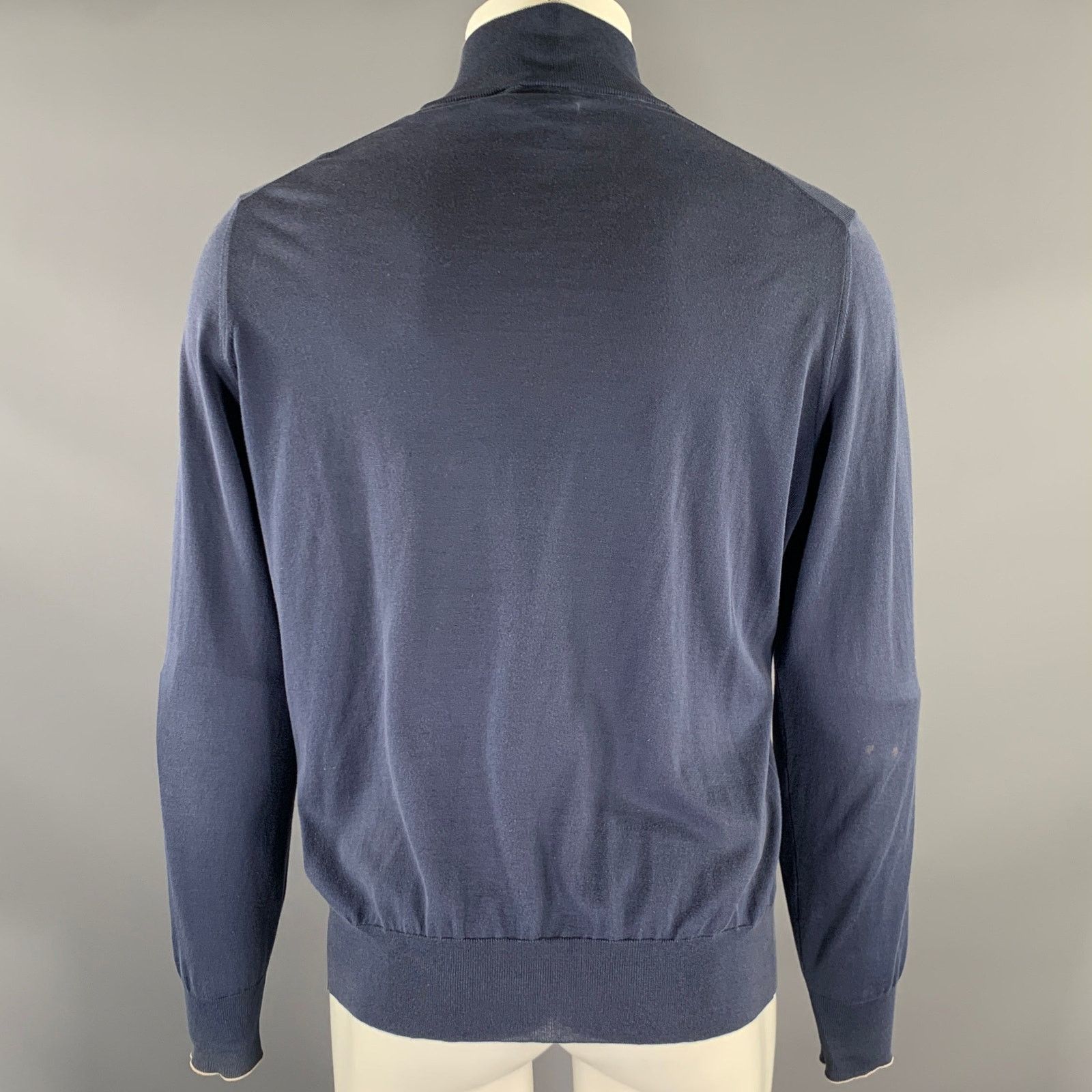 Brunello Cucinelli BRUNELLO CUCINELLI Navy Grey Cotton Zip Mock Neck Sweater Size US L / EU 52-54 / 3 - 4 Thumbnail