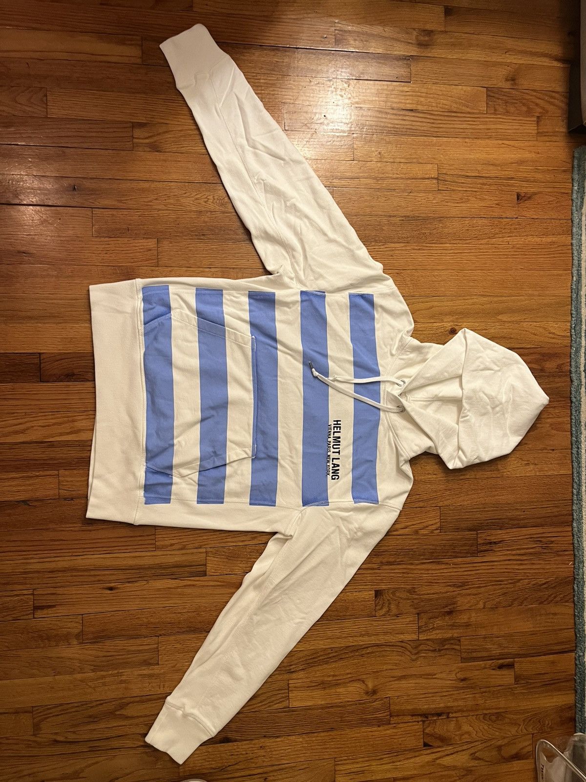 Helmut Lang Men's Sweatshirt Hoodie White with Blue Stripes
