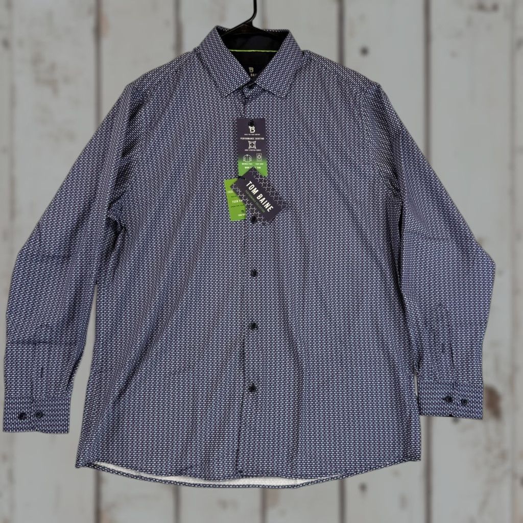 Vintage Tom Baine Shirt Mens 2XL Navy Slim Fit Button Down Wrinkle Free Fish Print Size US XXL / EU 58 / 5 - 1 Thumbnail