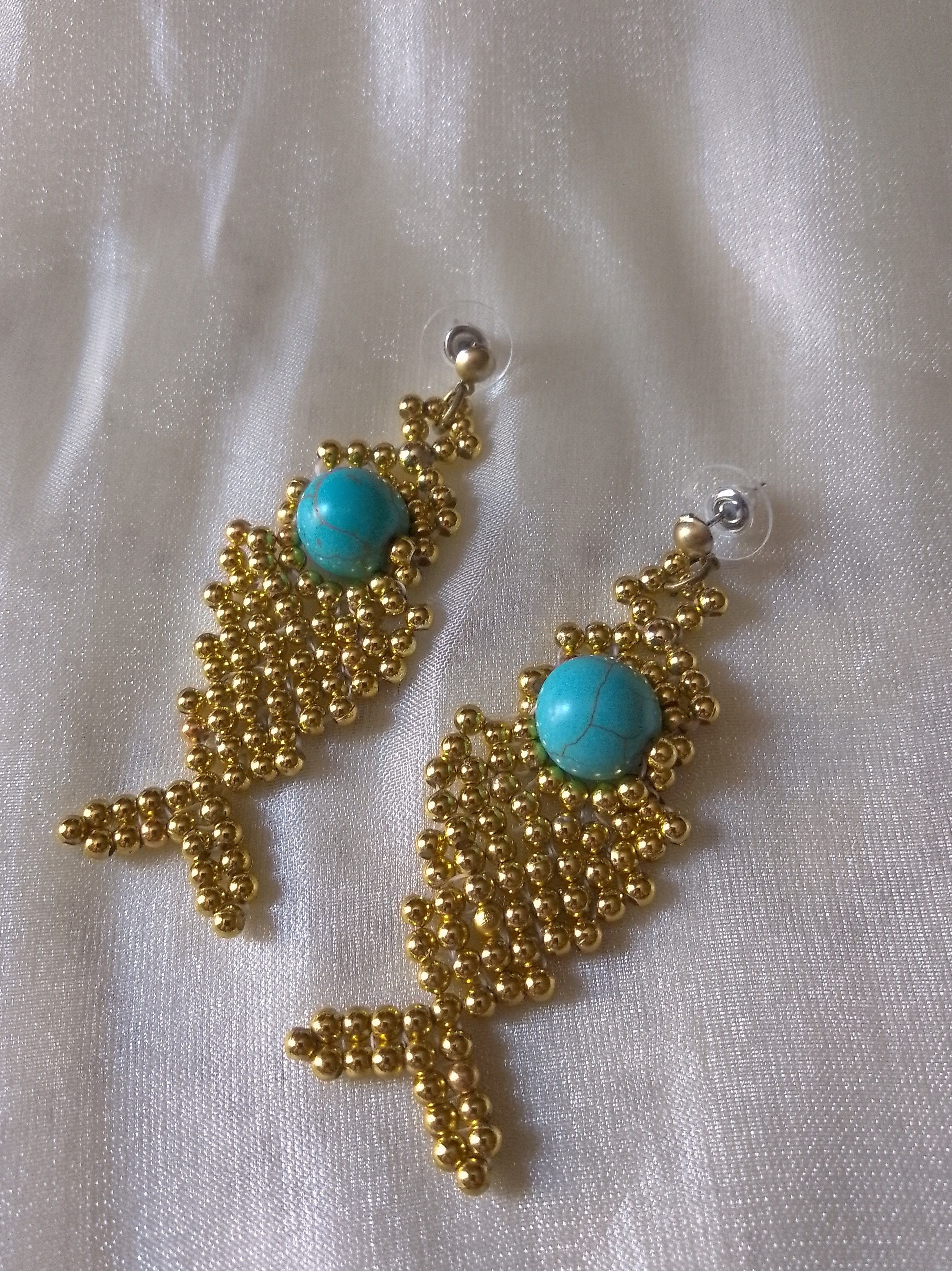 Handmade Golden Fishbone earrings natural turquoise gemstones Size ONE SIZE - 7 Thumbnail