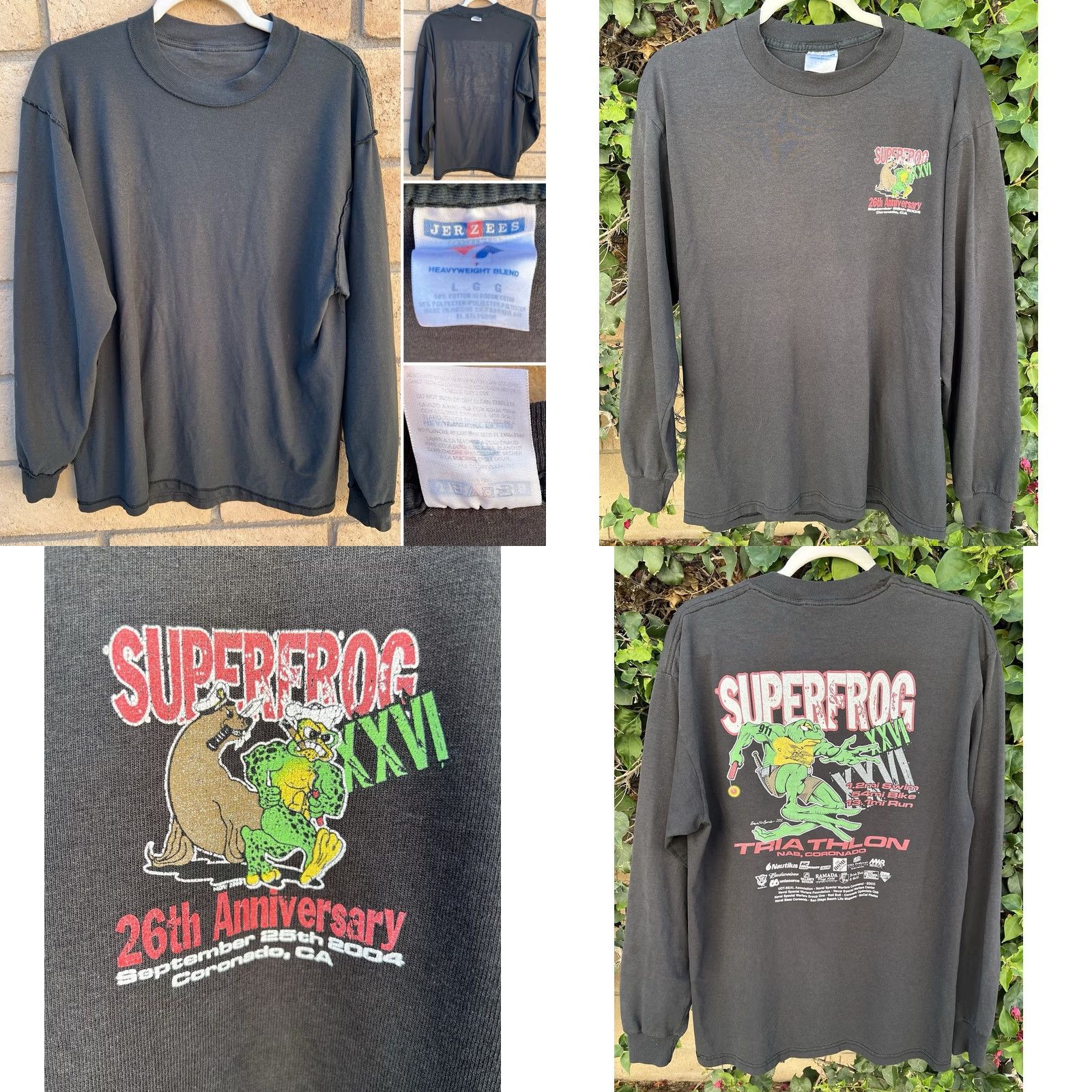 Jerzees VINTAGE Superfrog XVII Triathlon Shirt Mens Large Black 2004 Jerzees Distressed Long Sleeve Graphic Tee Size US L / EU 52-54 / 3 - 8 Thumbnail