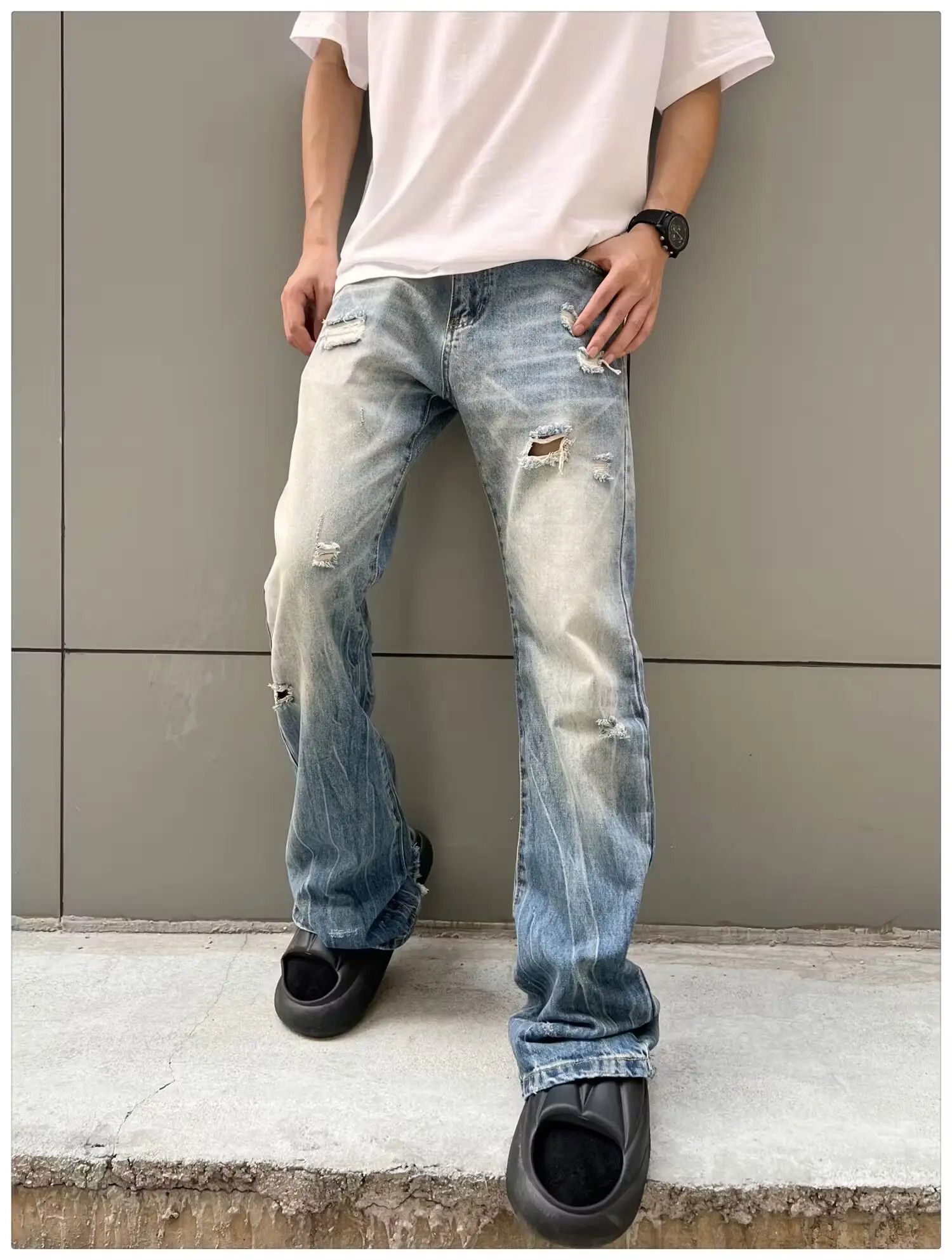 image of Vintage Faded Damaged Ripped Flared Jeans in Blue Fade, Men's (Size 28)