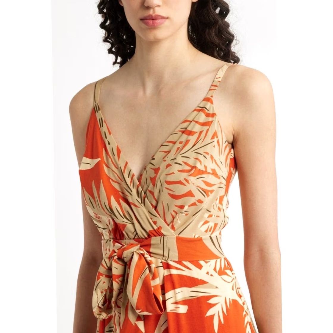 Vintage Halogen Palm Print Maxi Dress Belted Orange Tan V-Neck Adjustable Straps Size L Size L / US 10 / IT 46 - 3 Thumbnail