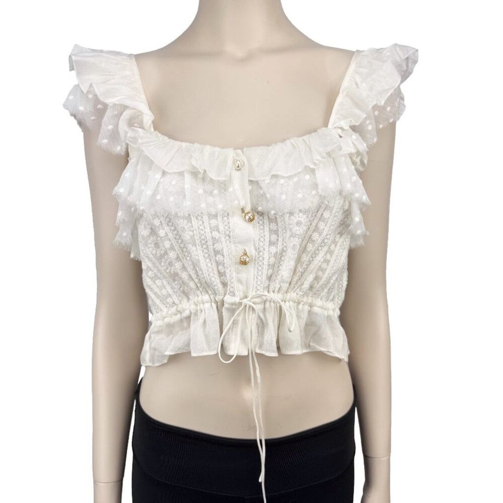 Other × The Kooples THE KOOPLES Feminine Embroidered White Crop Blouse Top S Size XS / US 0-2 / IT 36-38 - 1 Thumbnail