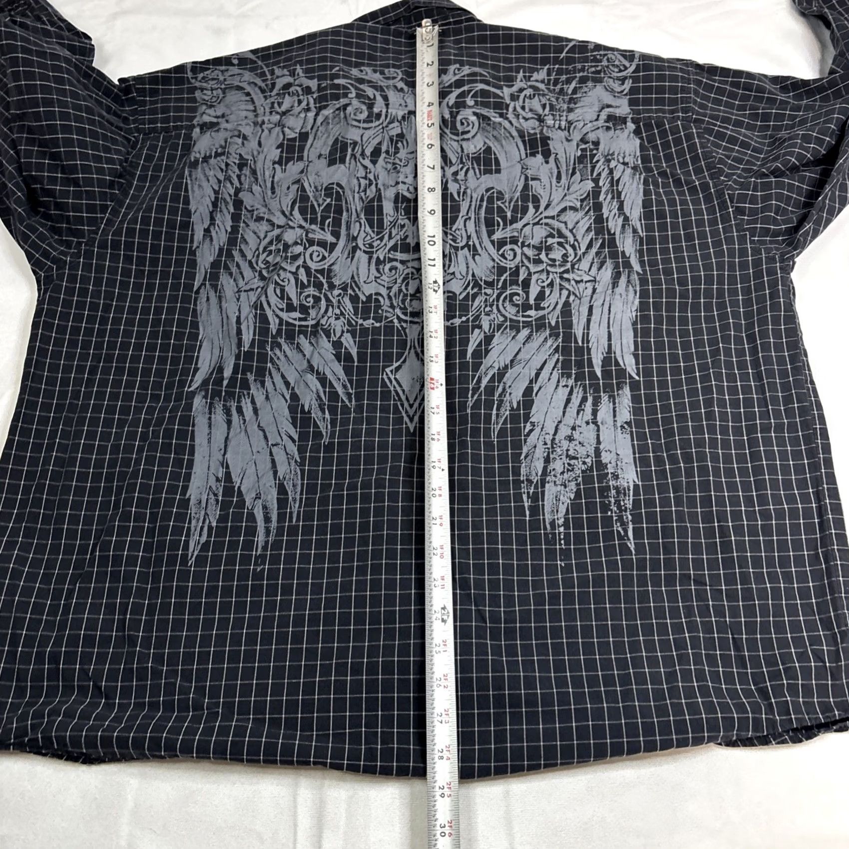 Vintage Retrofit Shirt Mens 2XL Black Plaid Cross Button Front Longsleeve Back Wings Shirt 2XL Mens Black Plaid Cross Button-Up Long Sleeve Front Back Wings Size US XXL / EU 58 / 5 - 6 Thumbnail