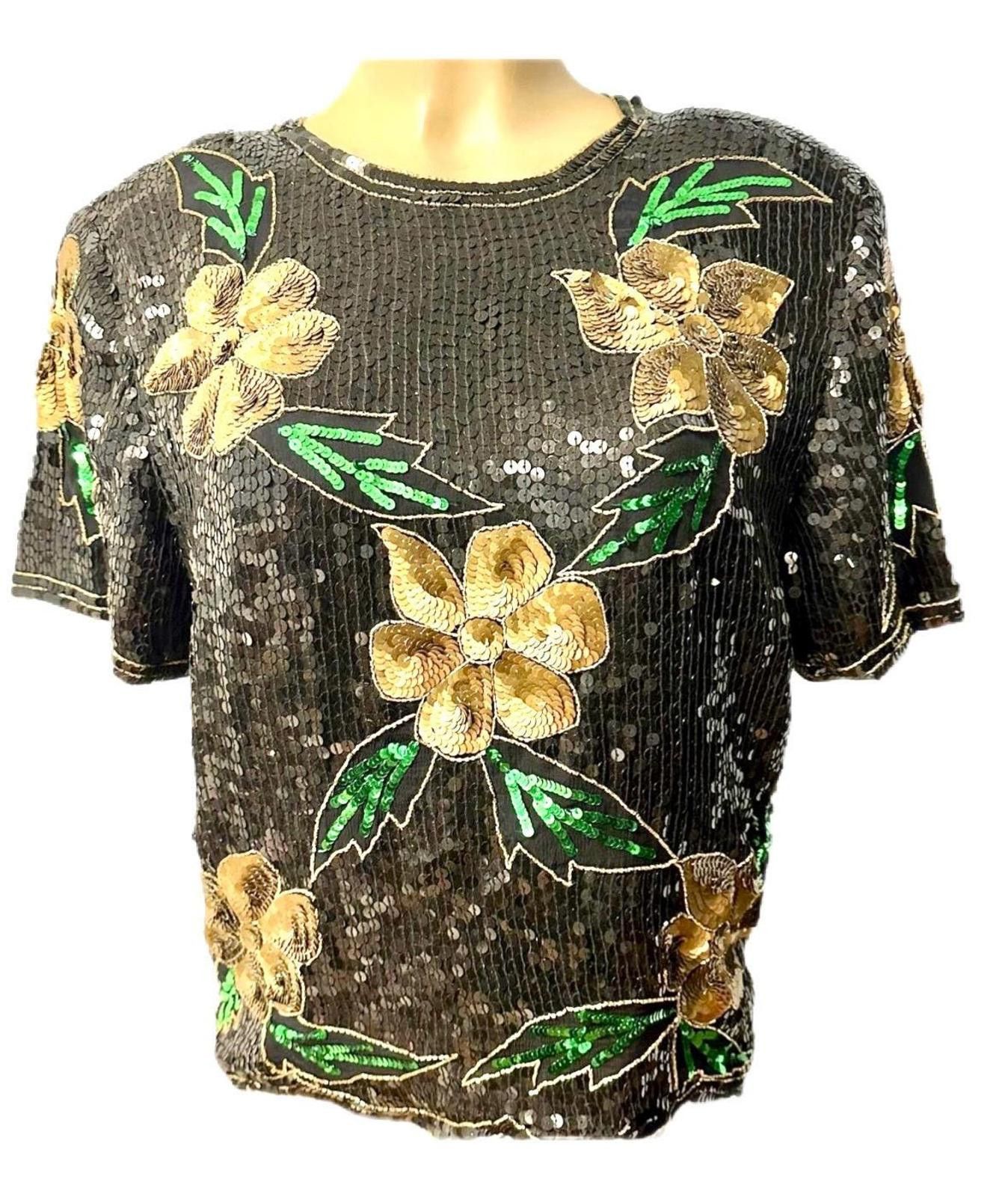 Sequin Top Black with Gold Flowers size 12