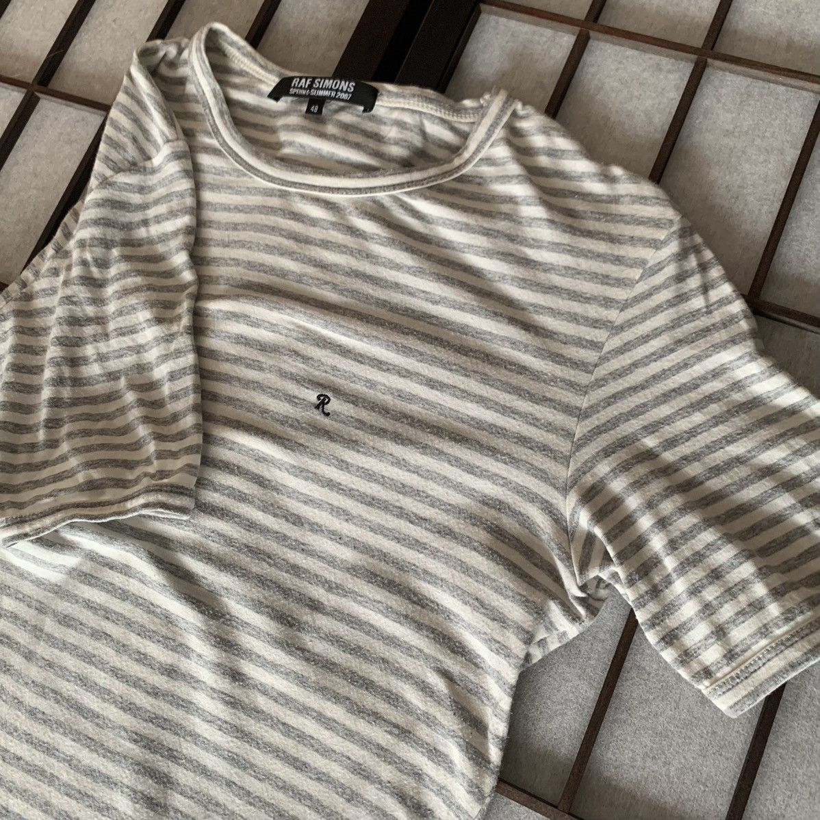 image of Raf Simons Ss2007 Striped Stretch Tee | White & Grey / Gray, Men's (Size Small)