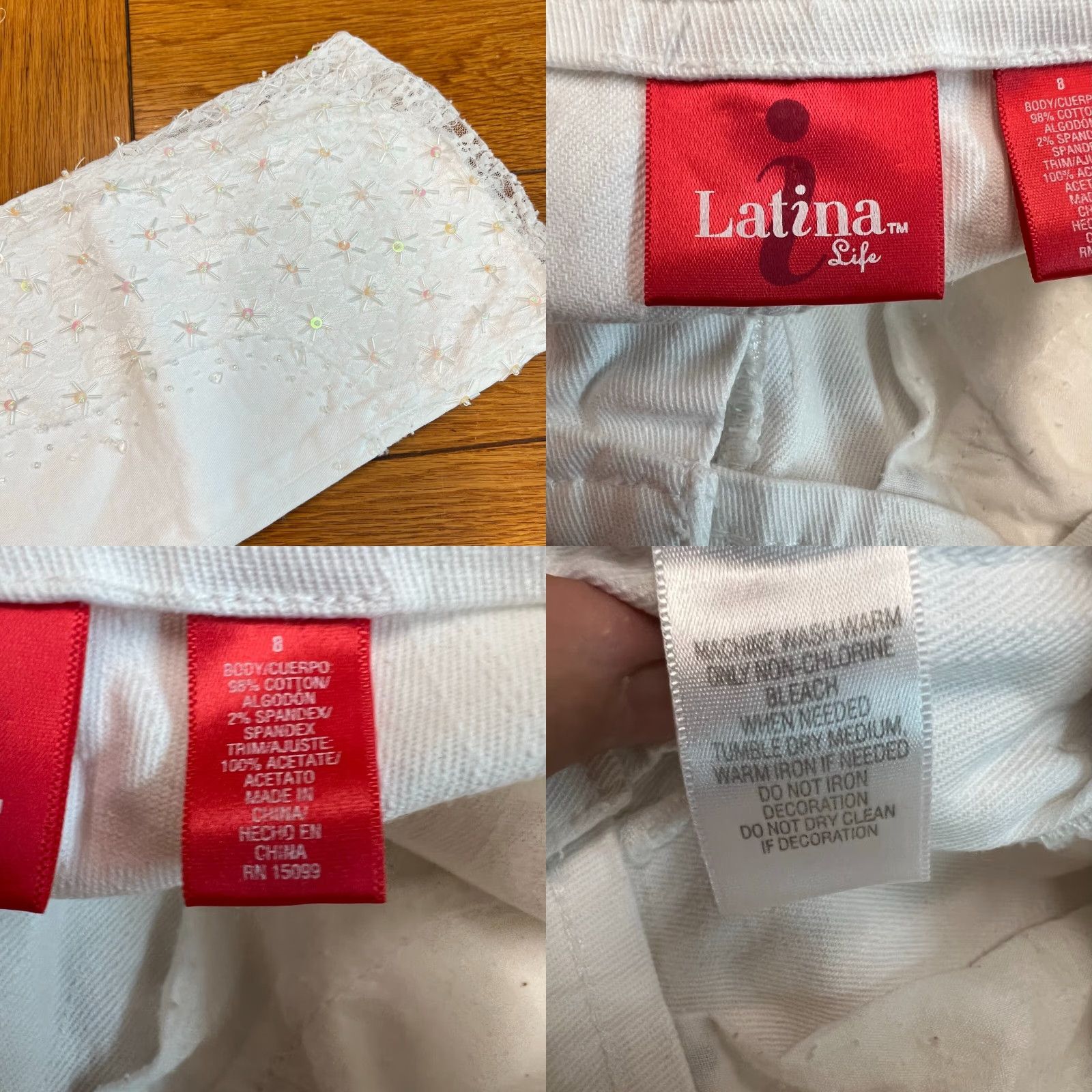 Vintage Latina Jeans Women's Size 8 White 32X32 Lace Patches Rhinestone Embroidered Denim Straight 32 Inseam 100% Genuine USA Seller Mens? Size 30" / US 8 / IT 44 - 8 Thumbnail