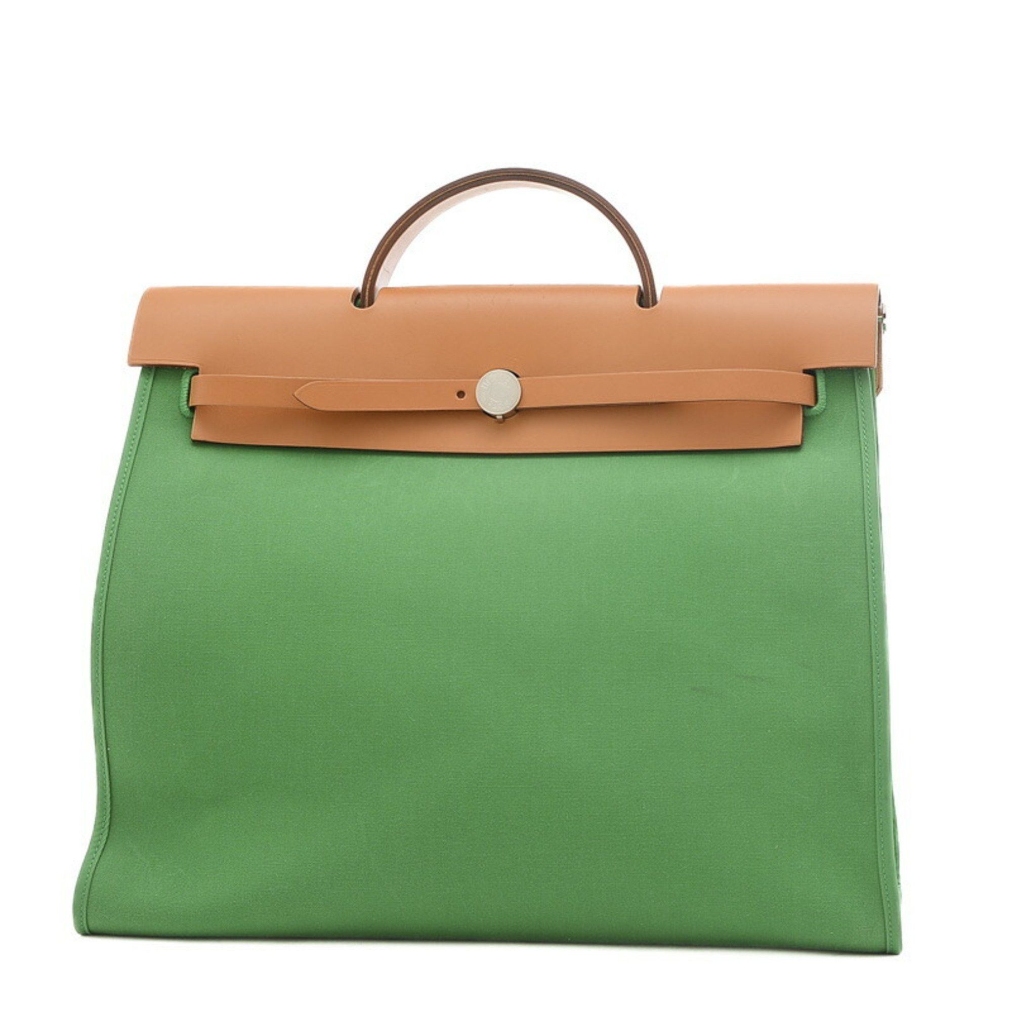 image of Hermes Airbag Zip Mm Handbag Toile Officier Leather Green X Stamp No Strap, Women's