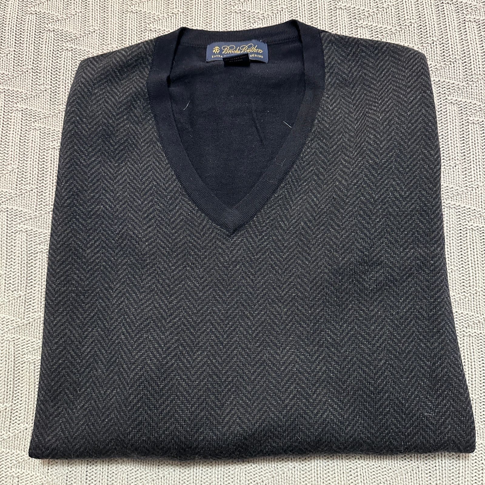 New Brooks Brothers Sweater Mens Large Merino buy Wool Navy Blue Herringbone