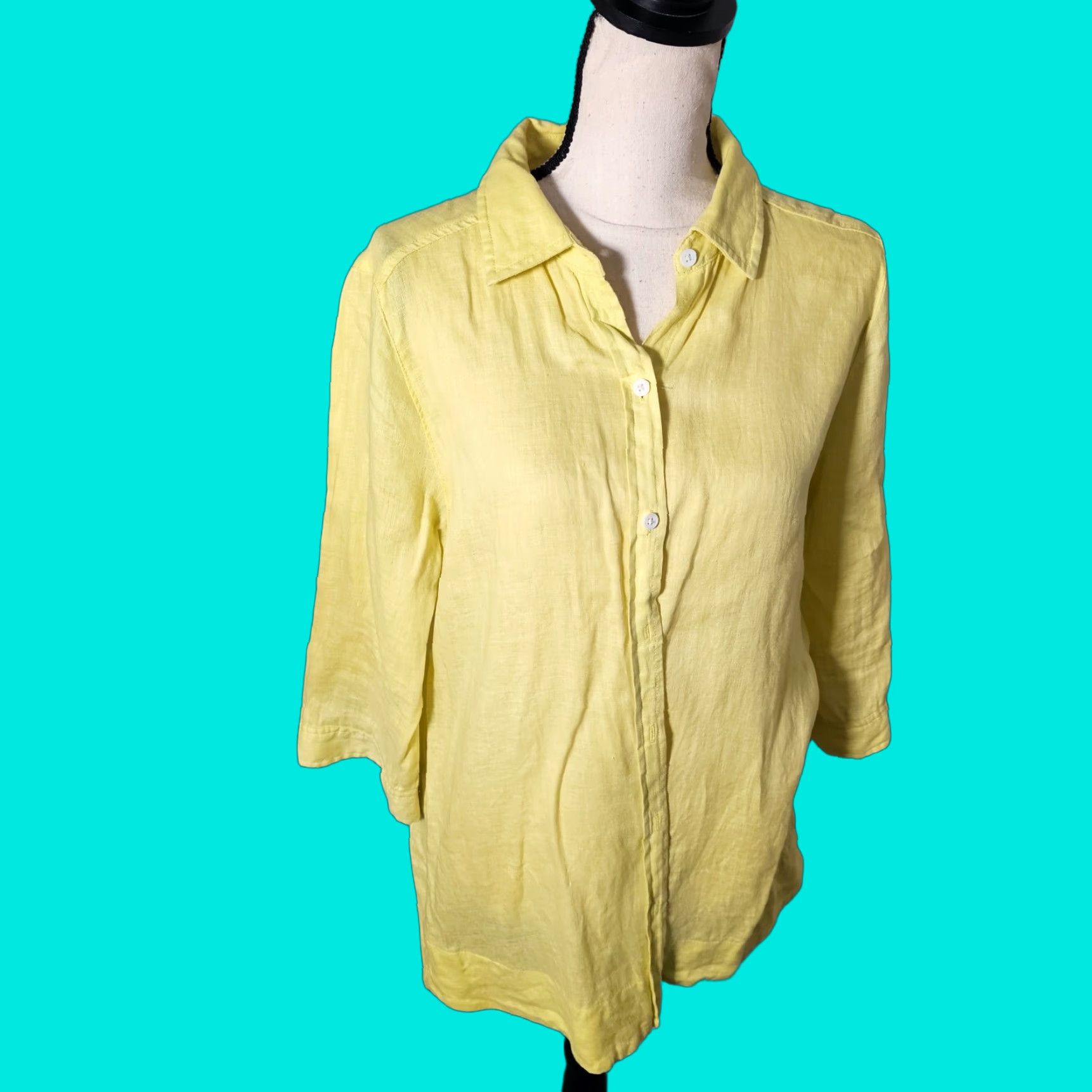Vintage WOMENS Investments Linen Button-Up Shirt 3/4 Sleeve Yellow M Breathable Beach Size M / US 6-8 / IT 42-44 - 1 Thumbnail
