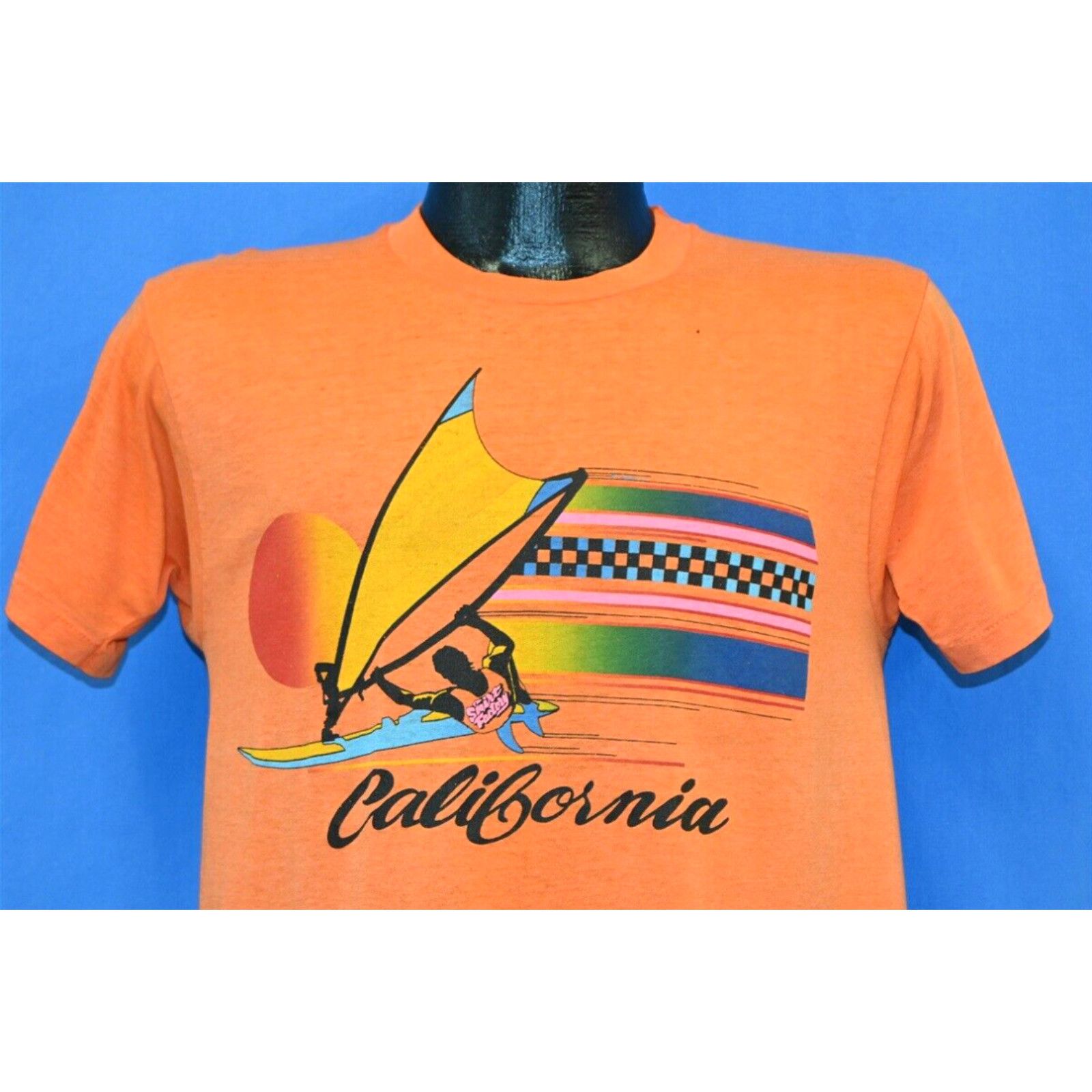 image of Vintage 80's California Sunset Surfing Windsurf Rainbow Orange T-Shirt Small S in White, Men's