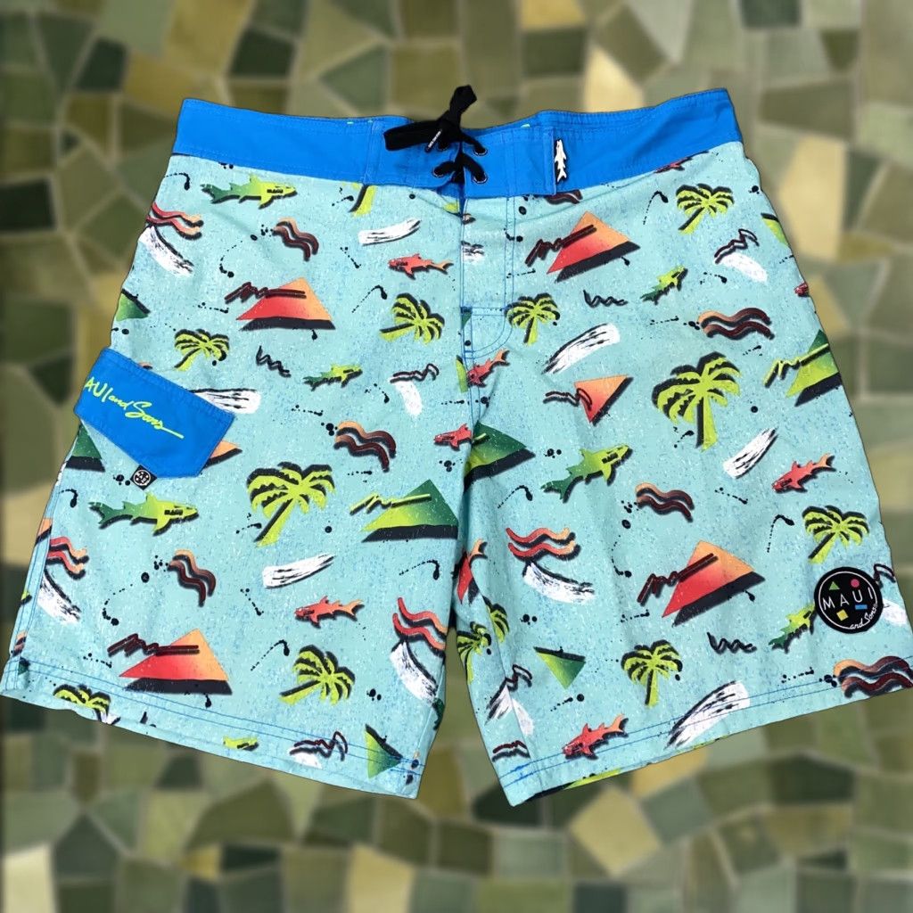 Vintage Maui and Sons Board Shorts Mens L Blue Surfing Tropical Shark Print Swim Bottoms Size US 33 - 1 Thumbnail