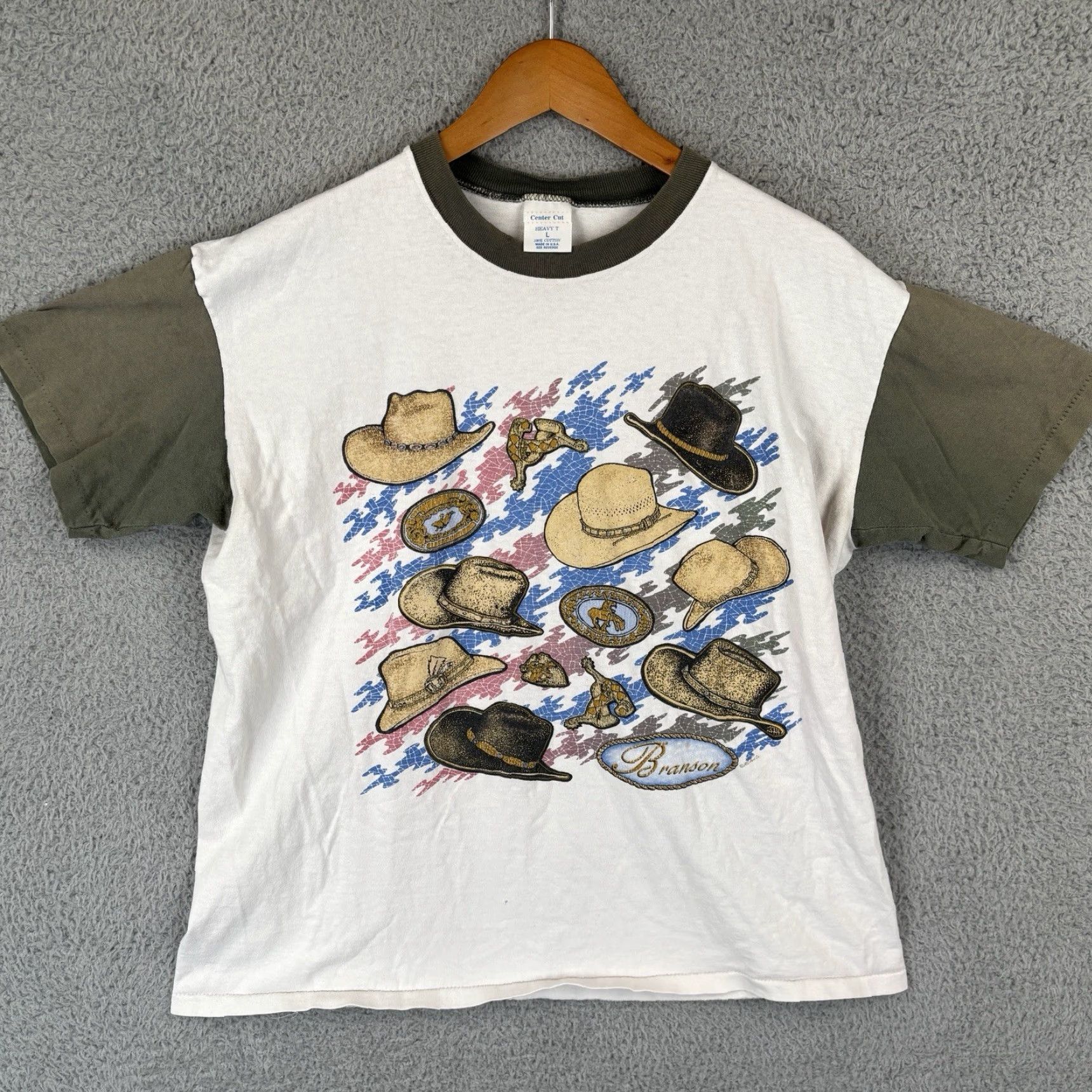 Olive VINTAGE Center Cut T-Shirt Mens 90s White Cotton Graphic Print 1990s USA Cowboy Regular Large Size US L / EU 52-54 / 3 - 2 Thumbnail