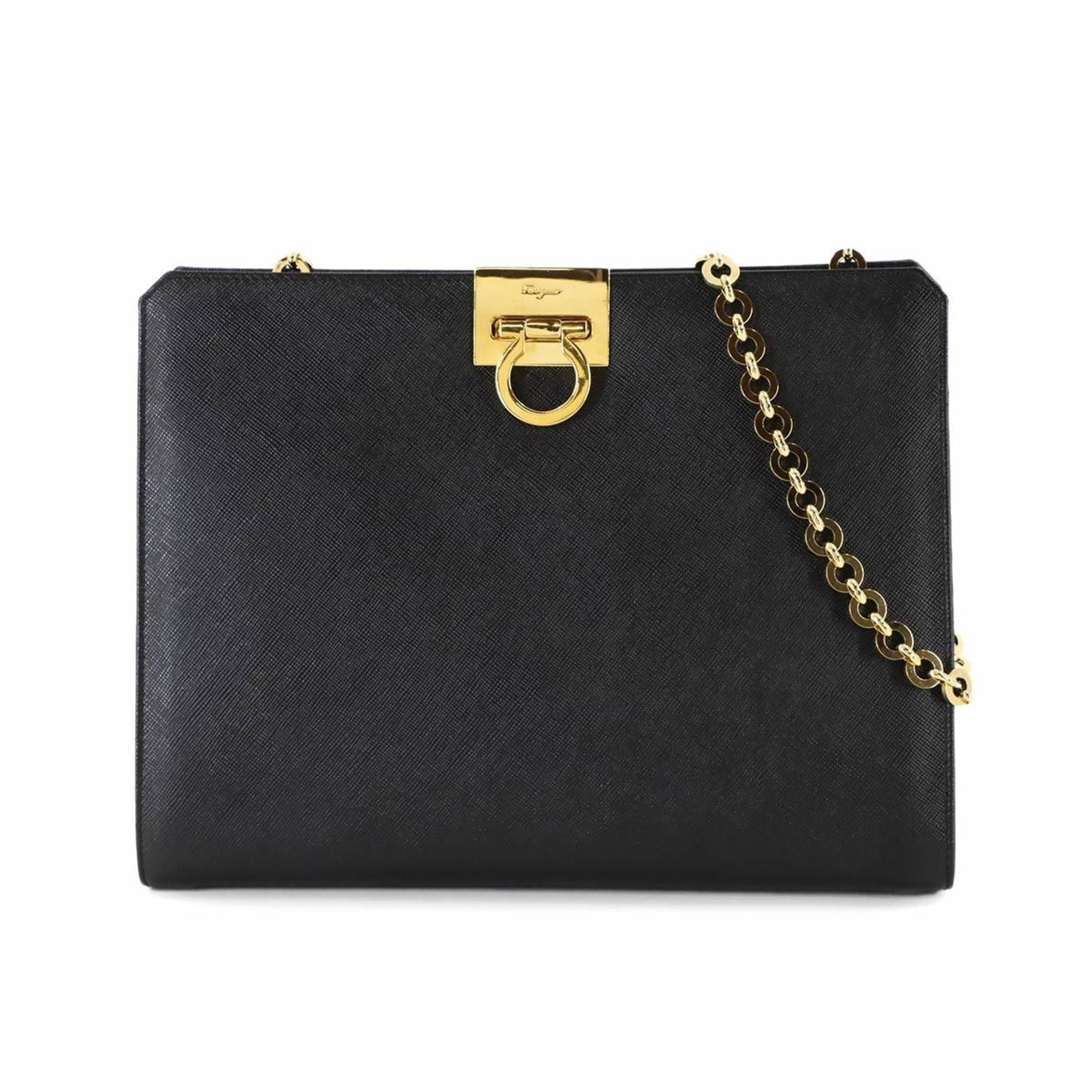 Salvatore Ferragamo Gancini Chain Shoulder Handbag in Black Leather 21 8753