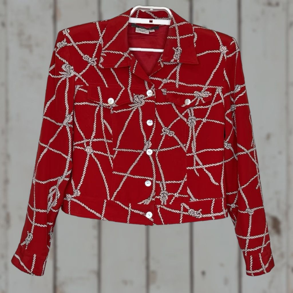 MAGGY LONDON VINTAGE Maggie L Silk Jacket Womens Petite 8 Red Rope Print Button Front Long Sleeve Navy Nautical Womens Size M / US 6-8 / IT 42-44 - 1 Thumbnail