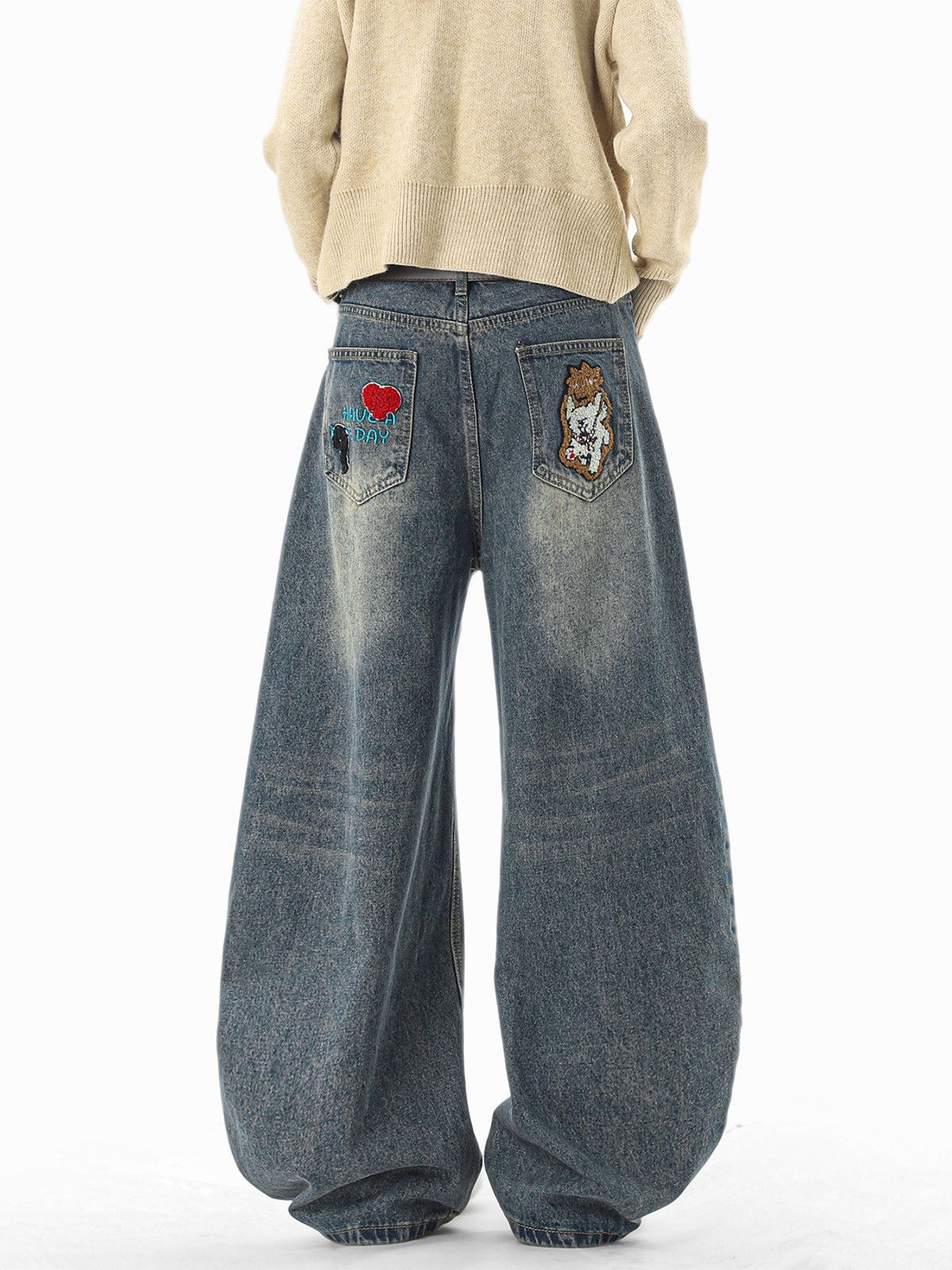 Vintage Men's Relaxed-Fit Denim Jeans with Cartoon Cat Embroidery Size US 32 / EU 48 - 4 Thumbnail