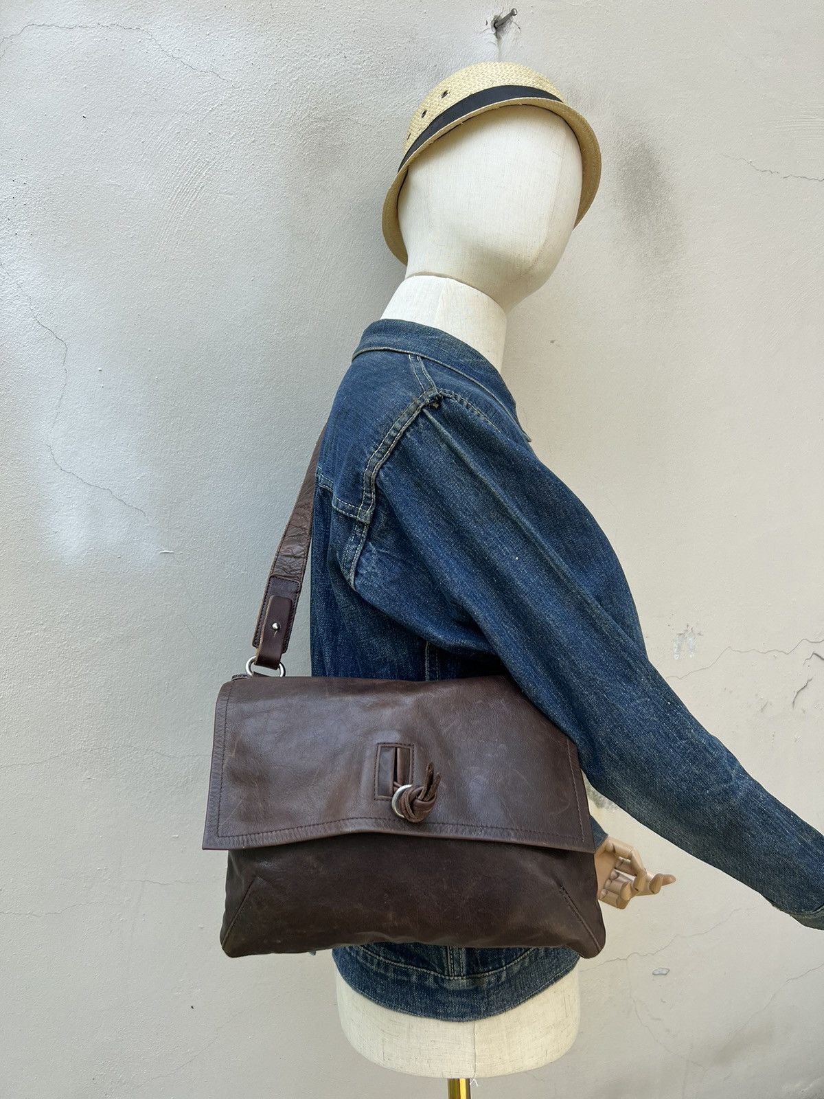 image of Vintage Indeed Japan Pewter Patina Leather Sling Bag in Brown, Men's