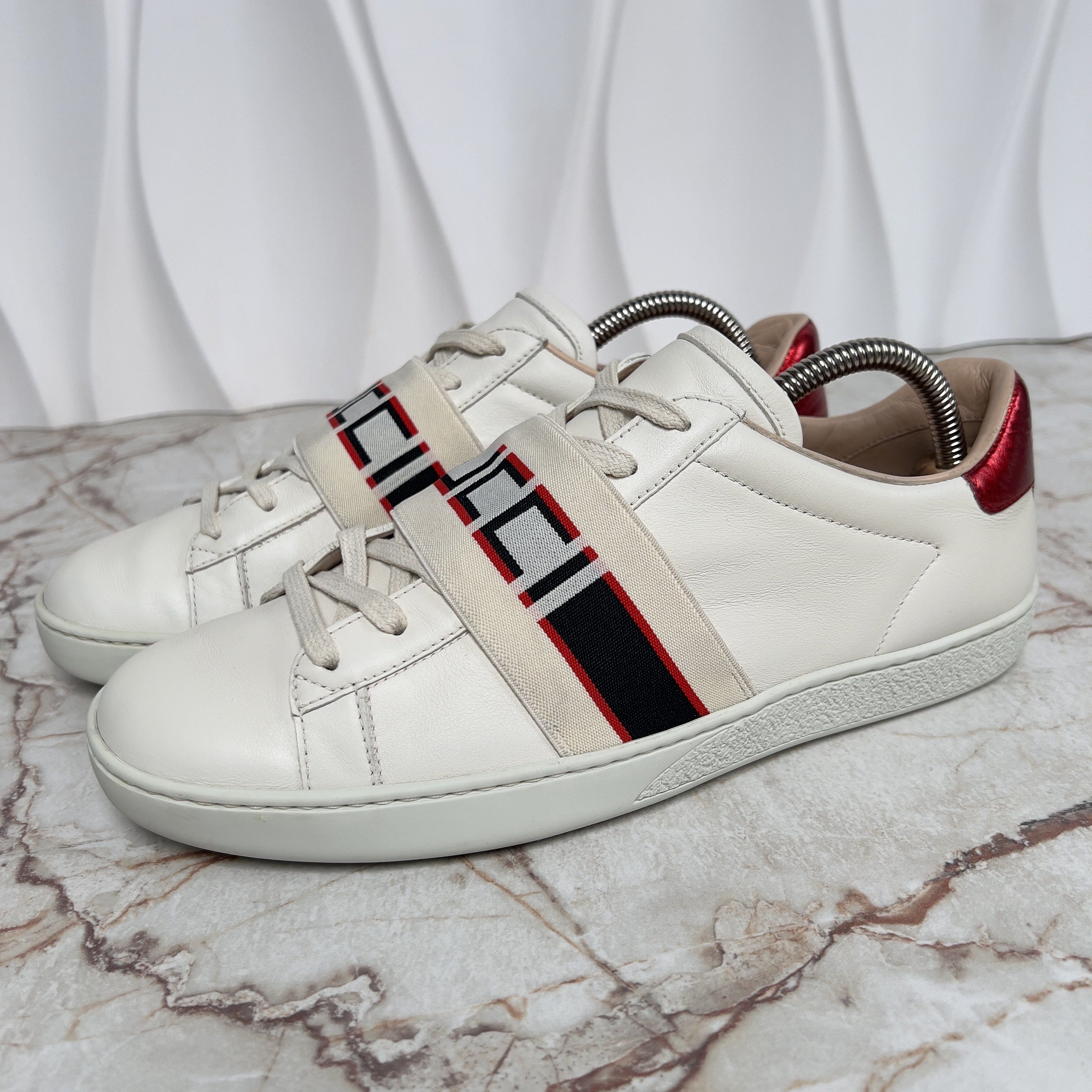 Gucci Authentic Ace Stripe Logo Sneaker Red Beige Leather Size US 8.5 / IT 38.5 - 2 Thumbnail