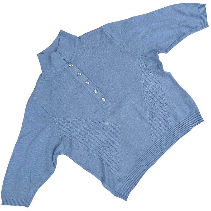 image of Vintage Aspa (Germany) Cable Knit Viscose Blend Polo Sweater in Blue, Men's (Size Large)