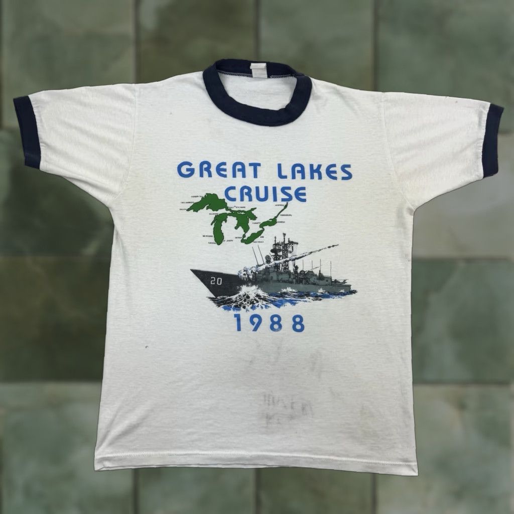 Greats VINTAGE Great Lakes Cruise Battleship Ringer T Shirt Adult Medium 1980s Grunge White Cotton, Polyester Navy, Army, Military, Hipster Mens Size US M / EU 48-50 / 2 - 1 Thumbnail