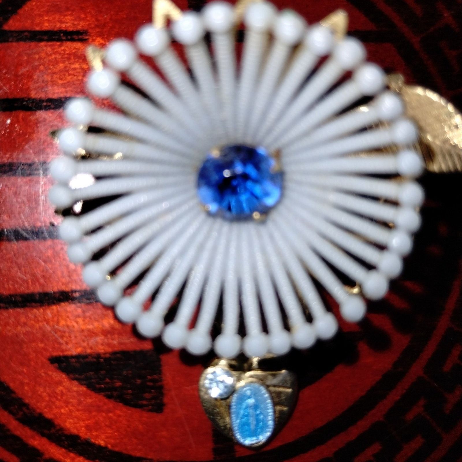 Vintage Virgin Mary celluloid flower brooch w/blue stone Size ONE SIZE - 1 Thumbnail